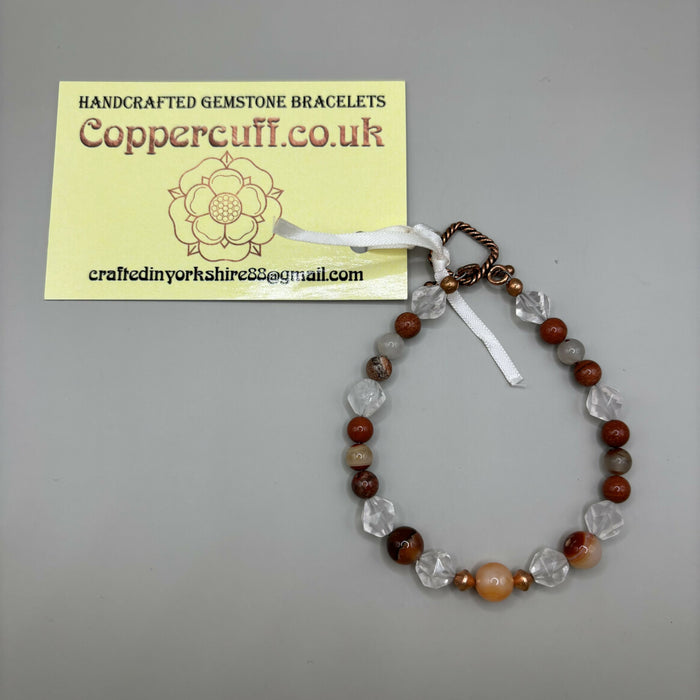 Faceted Rose Quartz, Red Jasper and Banded Agates Copper Toggle Bracelet