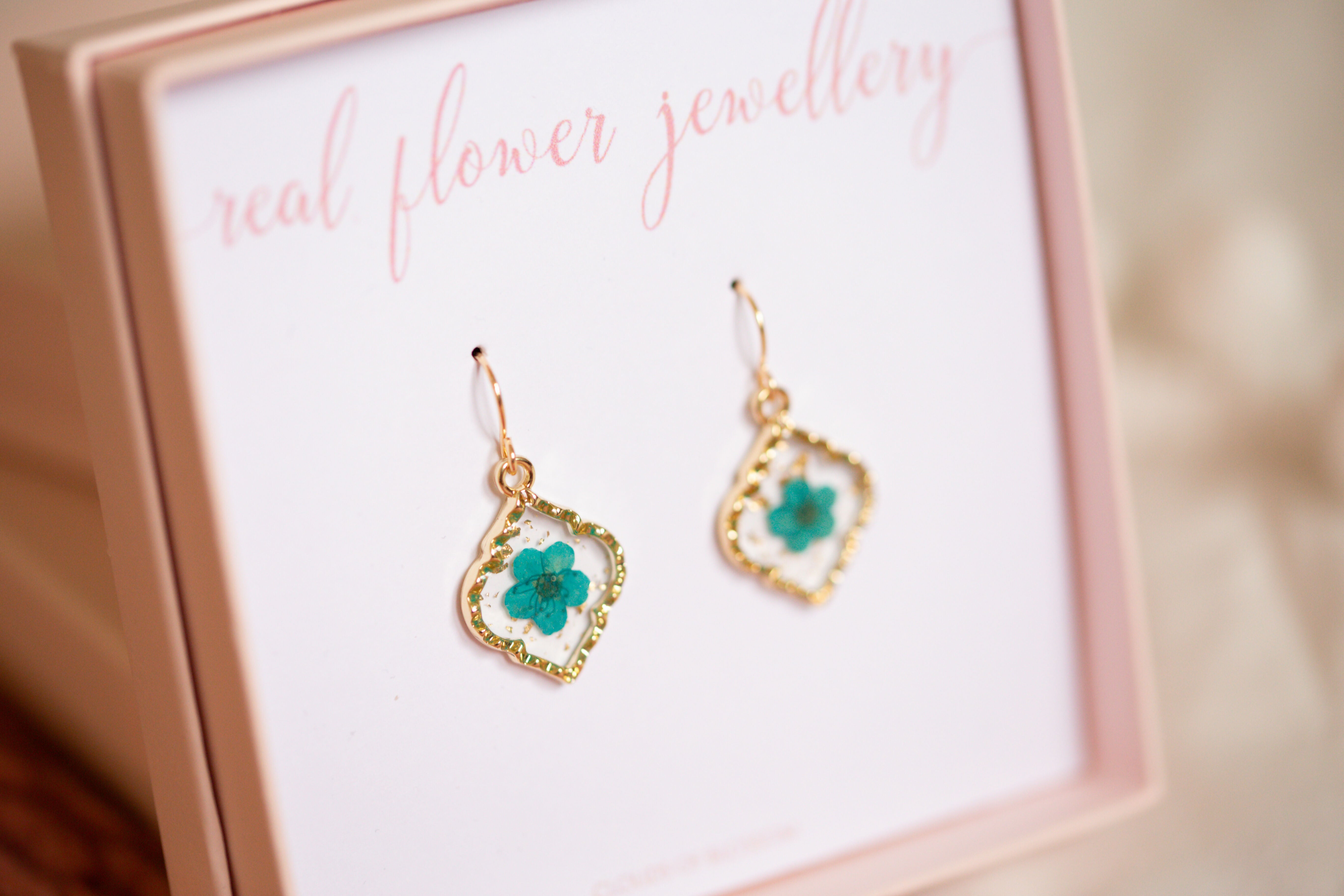 Turquoise Baby’s Breath Fancy Diamond Shaped Bezel Earrings Gold Plated