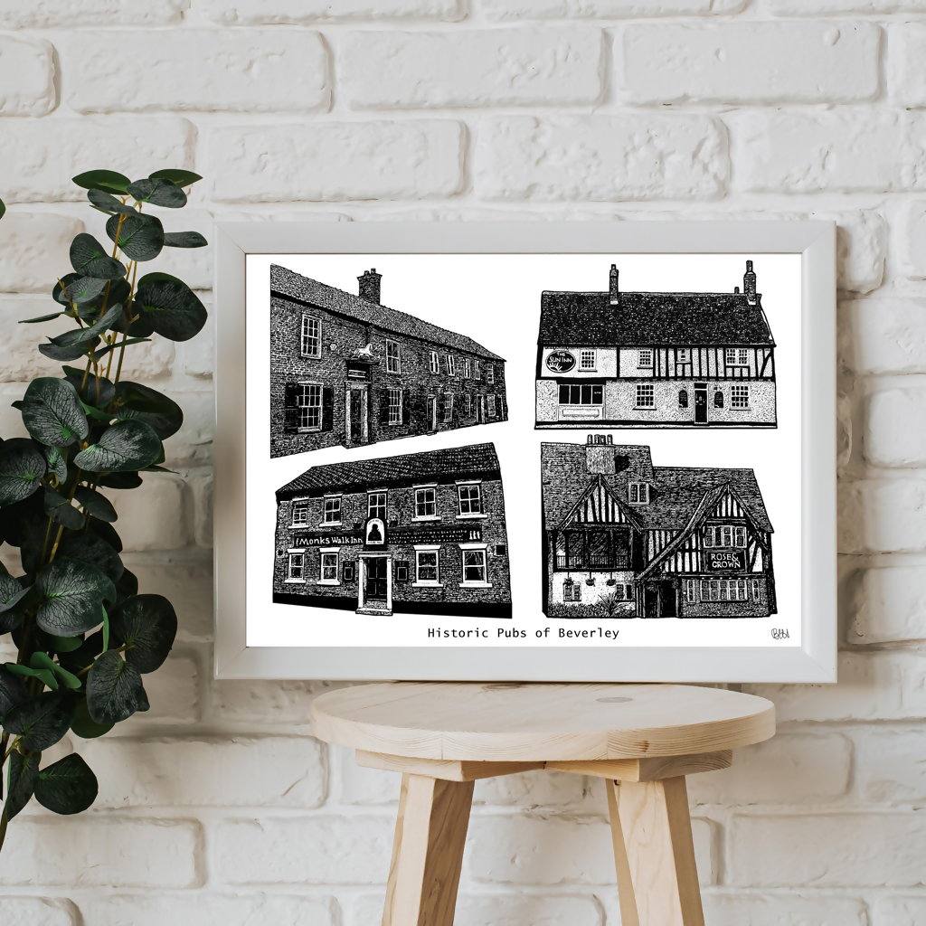 Black and white illustration of four pubs in Beverley.