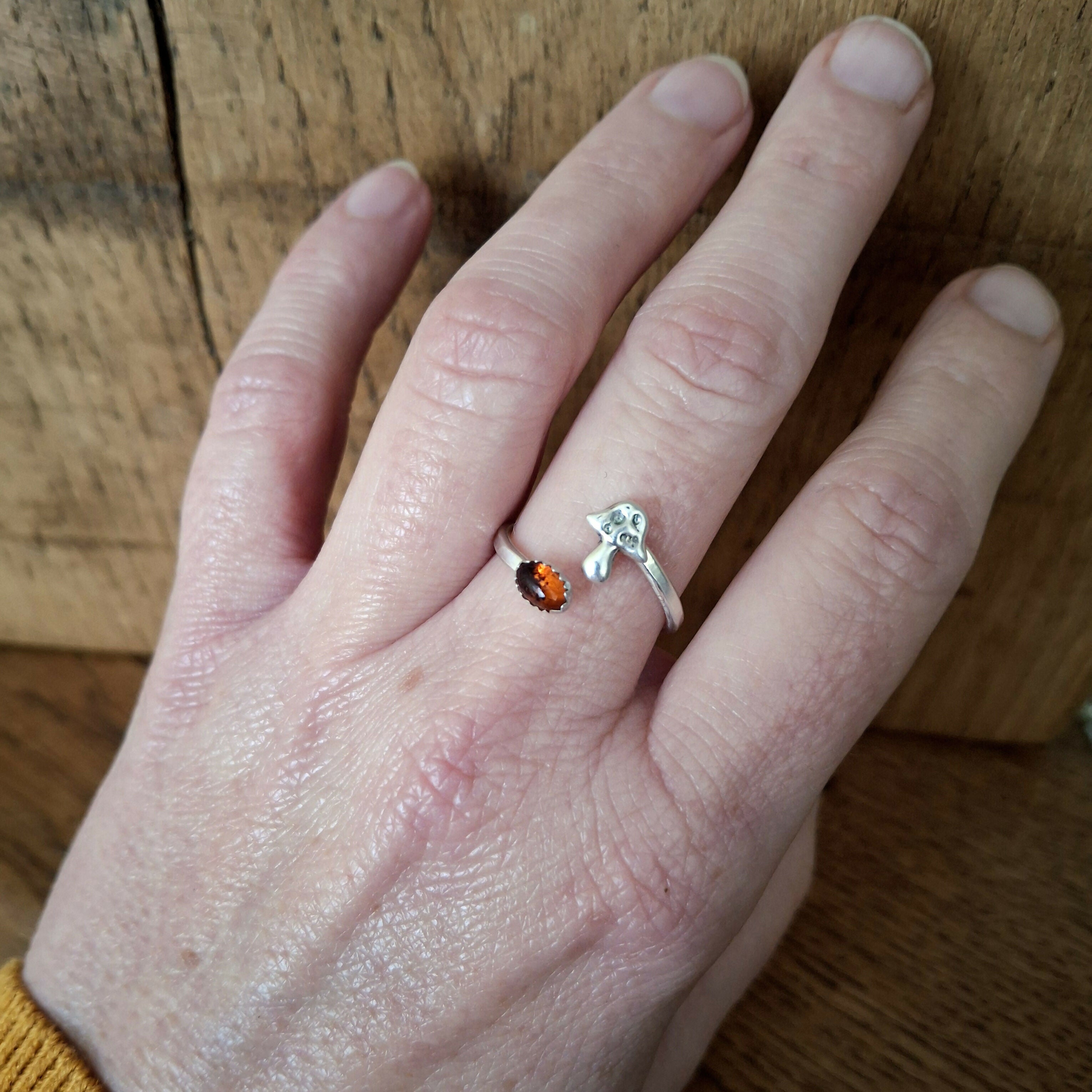 Handmade Adjustable Silver Toadstool Ring With Amber, Size O½