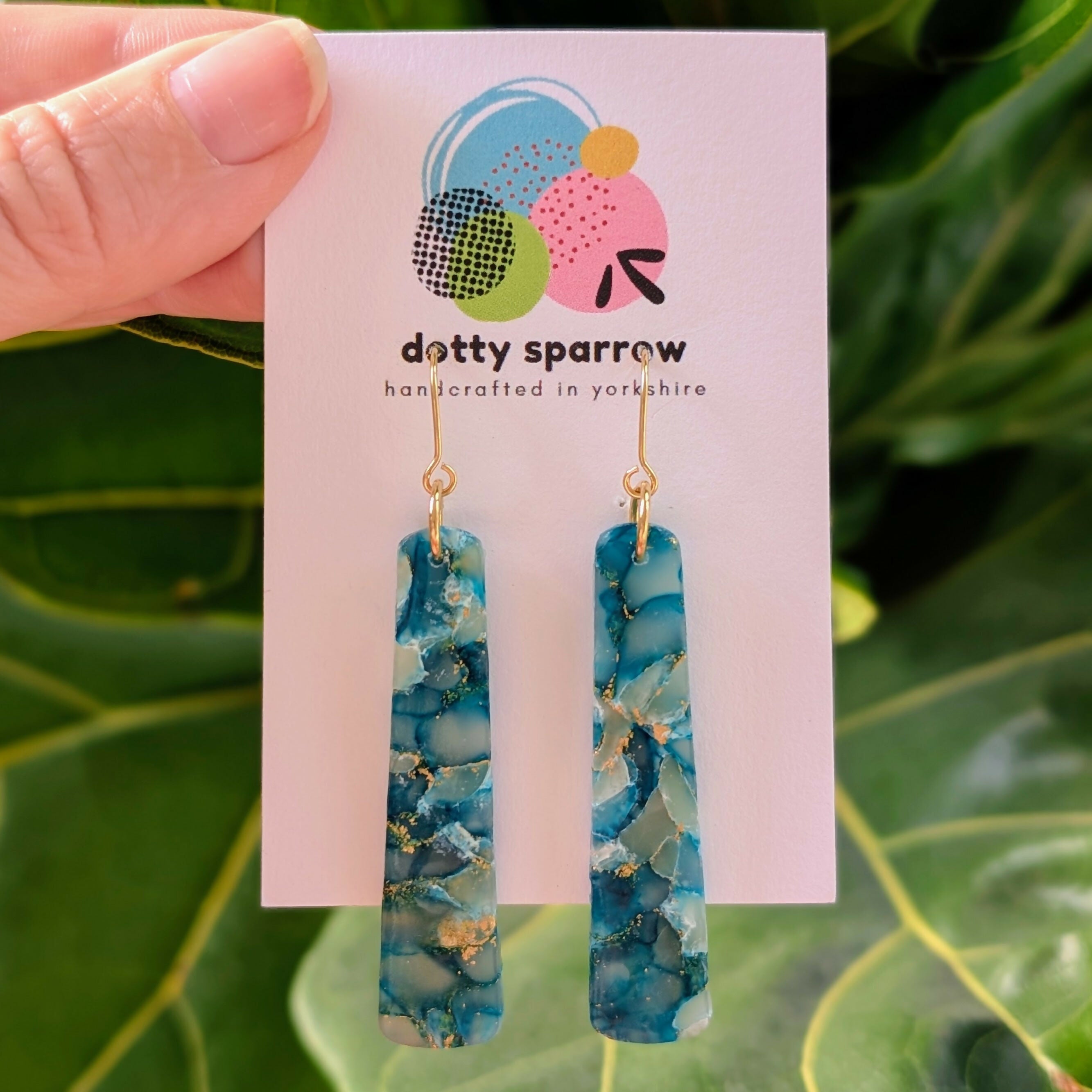 Green & Gold Faux Stone Slim Hook Dangle Handmade Polymer Clay Earrings