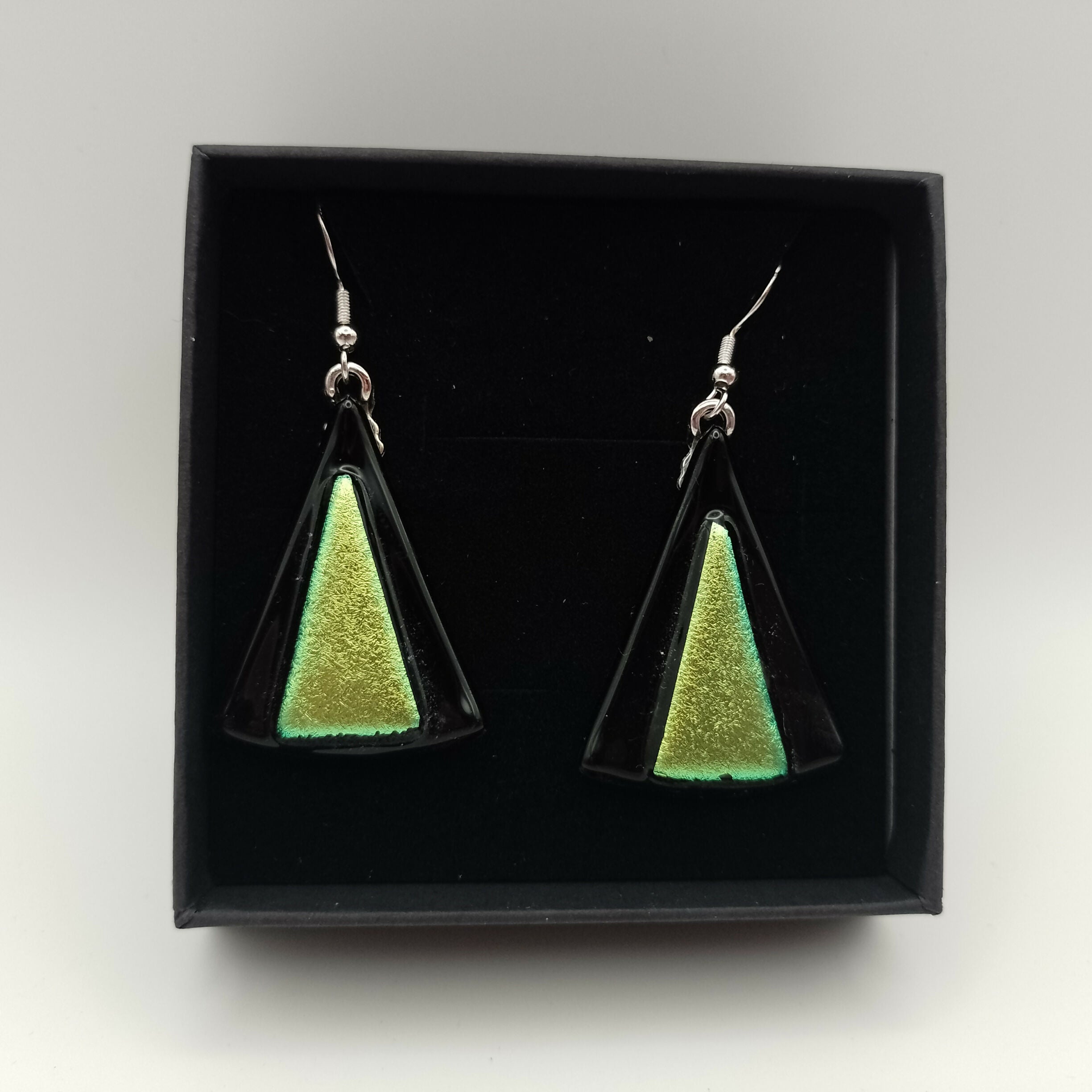 Triangular Black and Dichroic Green Earrings
