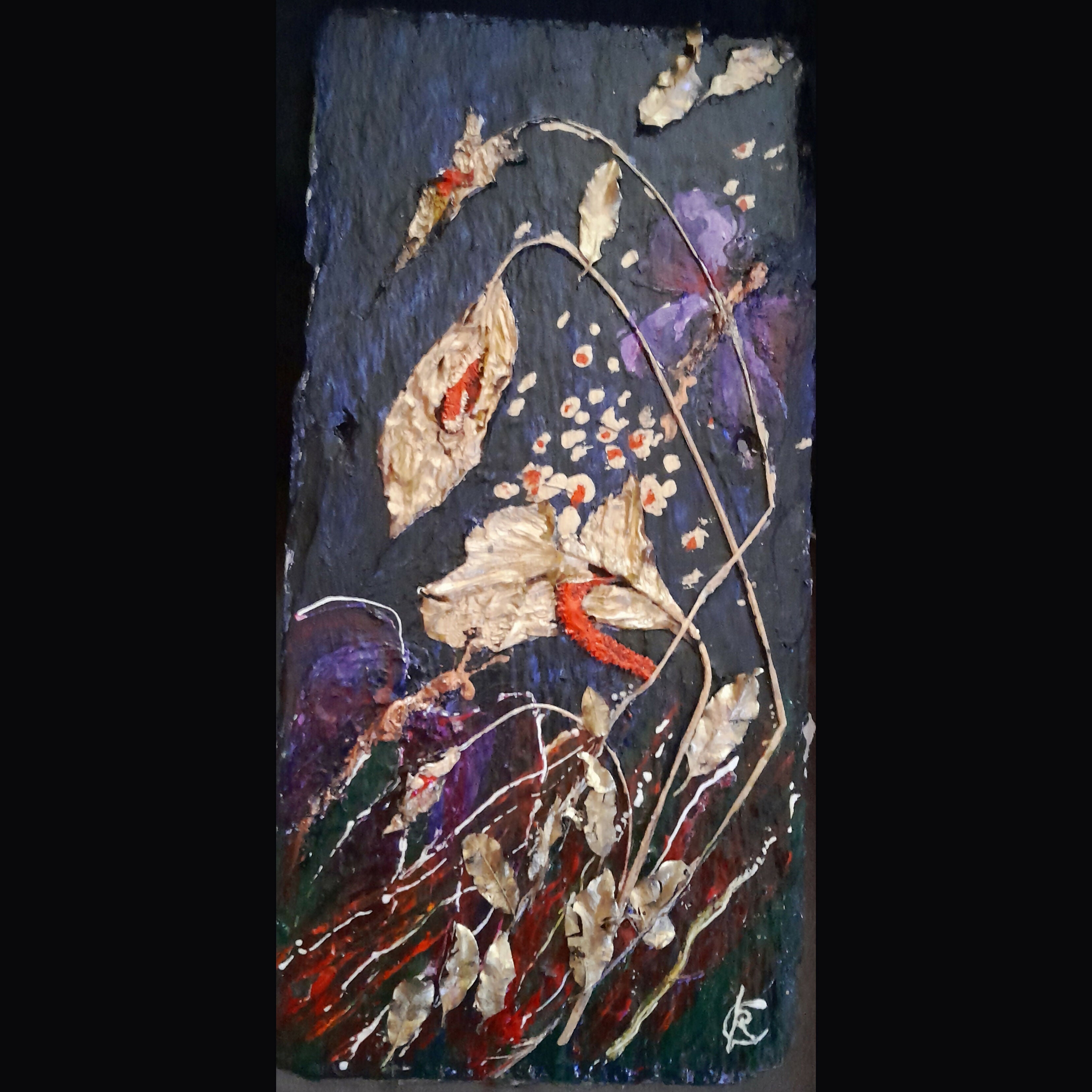 Flowers painted on a slate background.