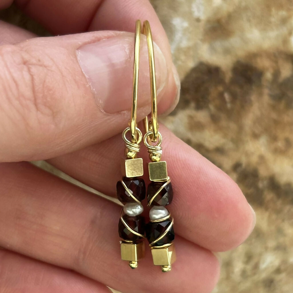 Handmade Gold Vermeil Garnet And Fresh Water Pearl Earrings