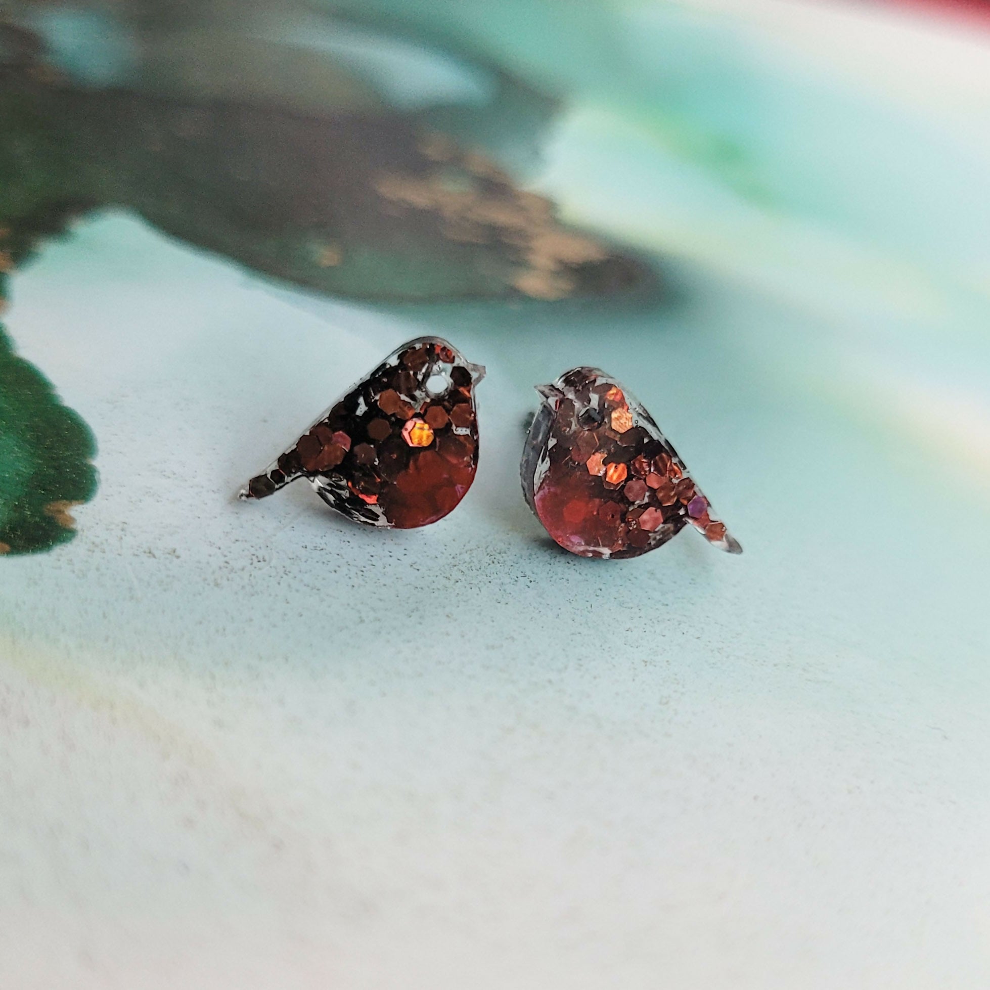Handmade Glitter Robin Christmas Stud Earrings