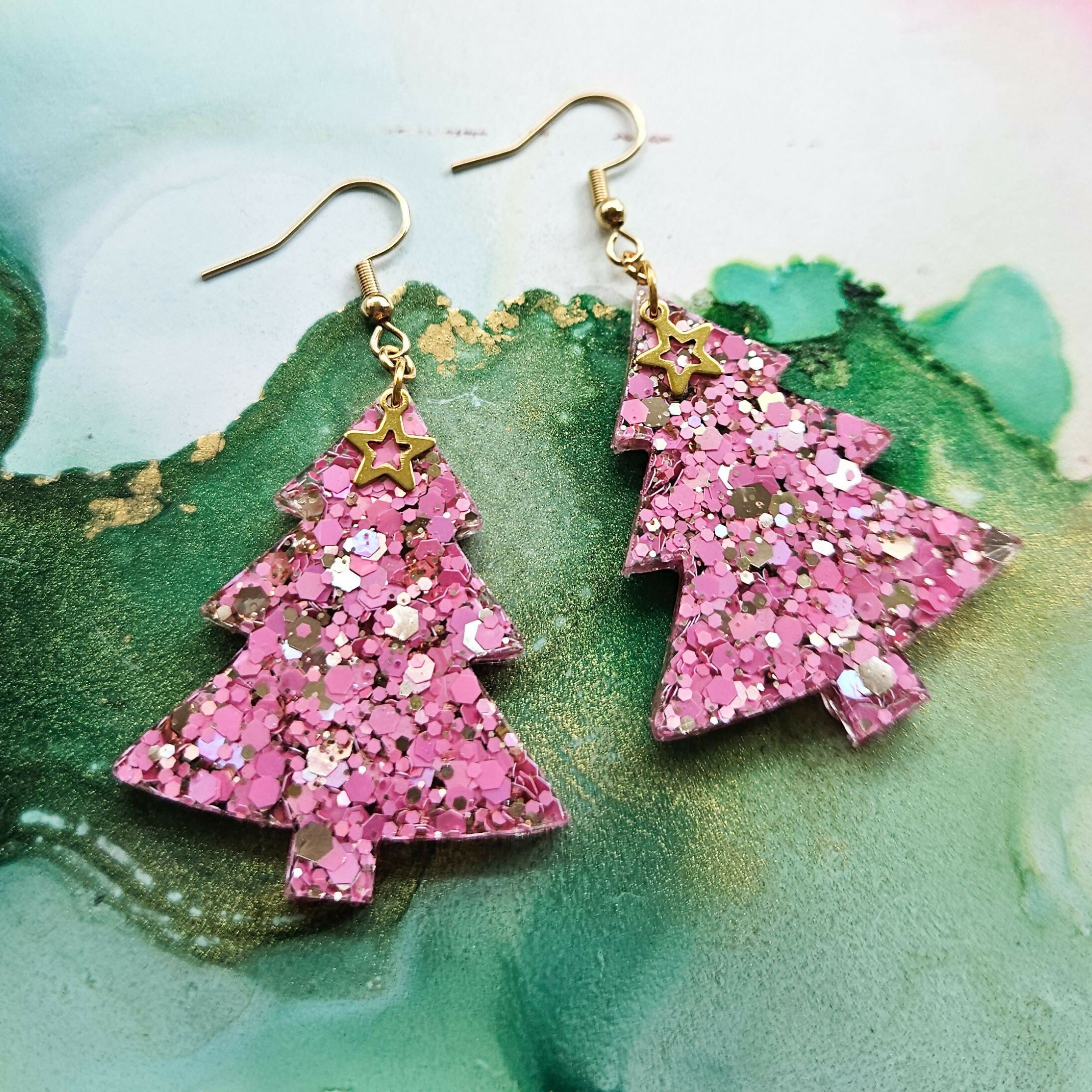 Handmade XL Glitter Resin Christmas Trees Earrings