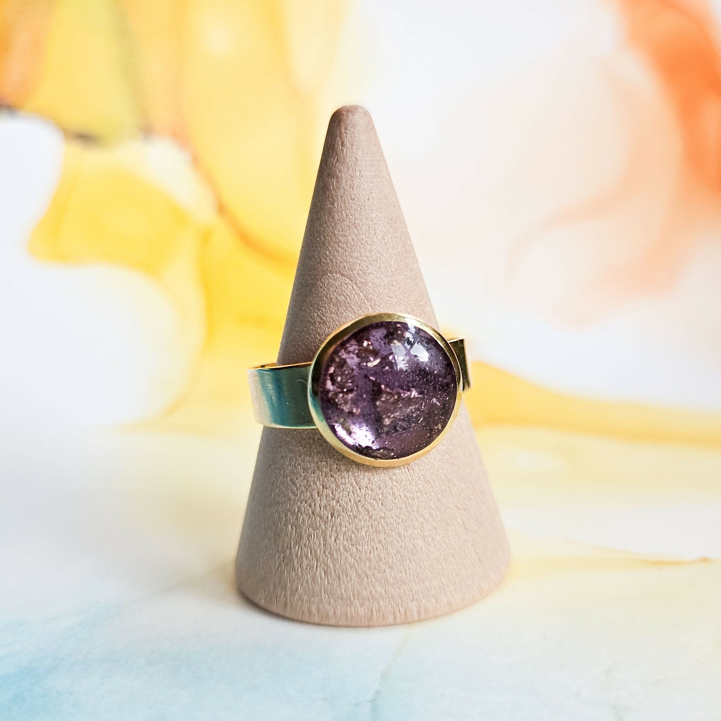 Handmade Purple And Gold Leaf Resin And Stainless Steel Ring