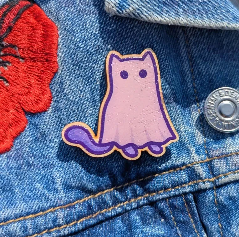 Wooden Pin Badge - Ghost Cat