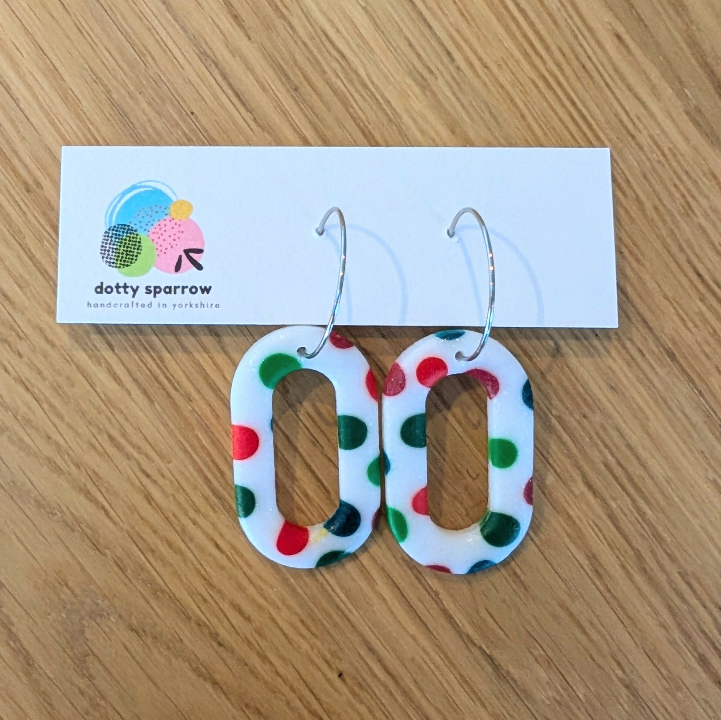 White with Red & Green Spots Oval Cutout Hoop Dangle Handmade Polymer Clay Earrings