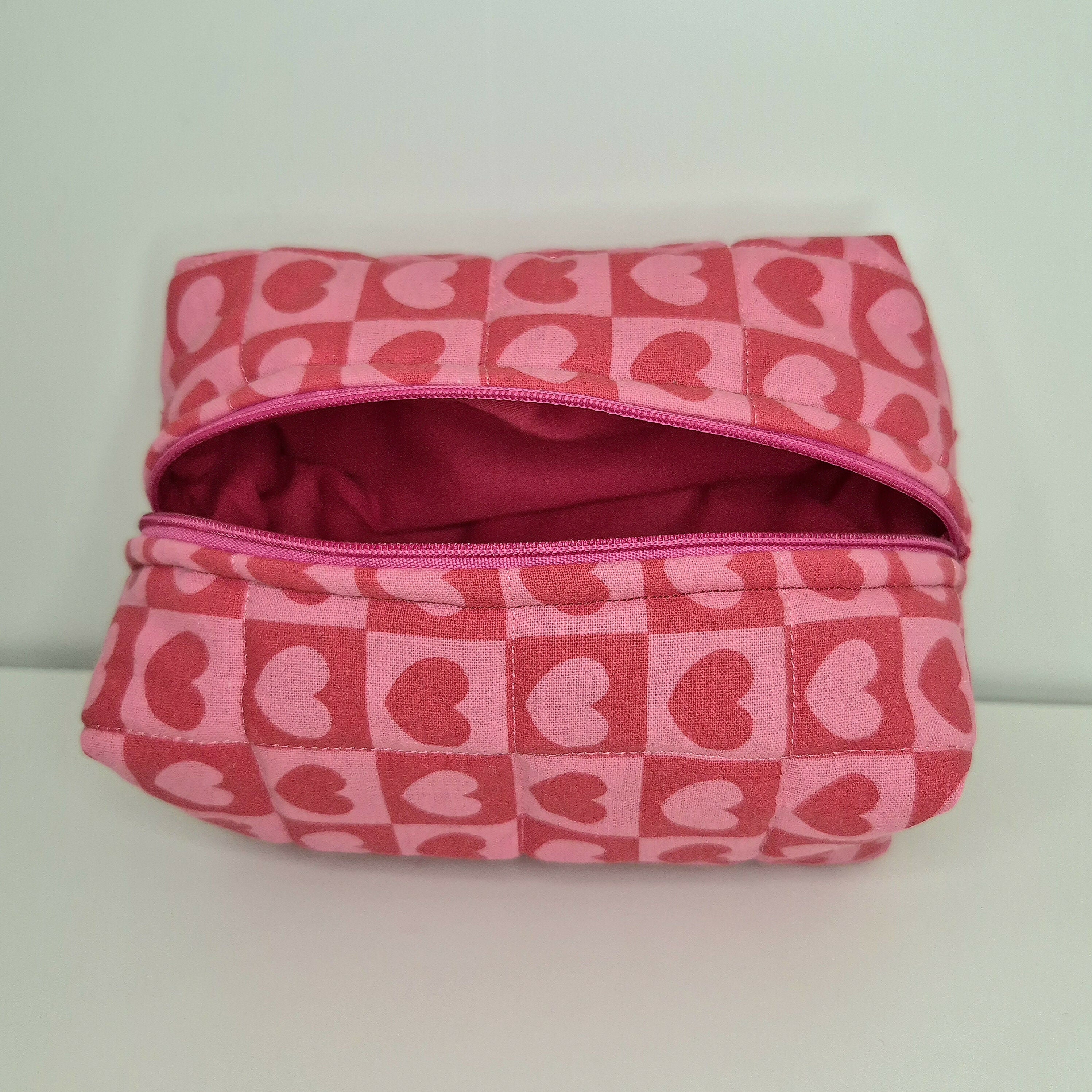 Quilted Cosmetic Makeup Bag With Hearts Theme