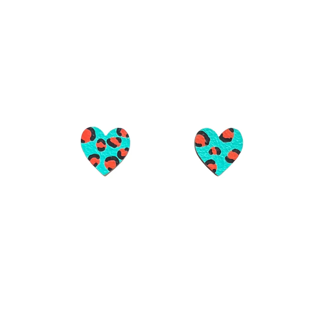 Tealandorangeleopardprintminiheartstuds