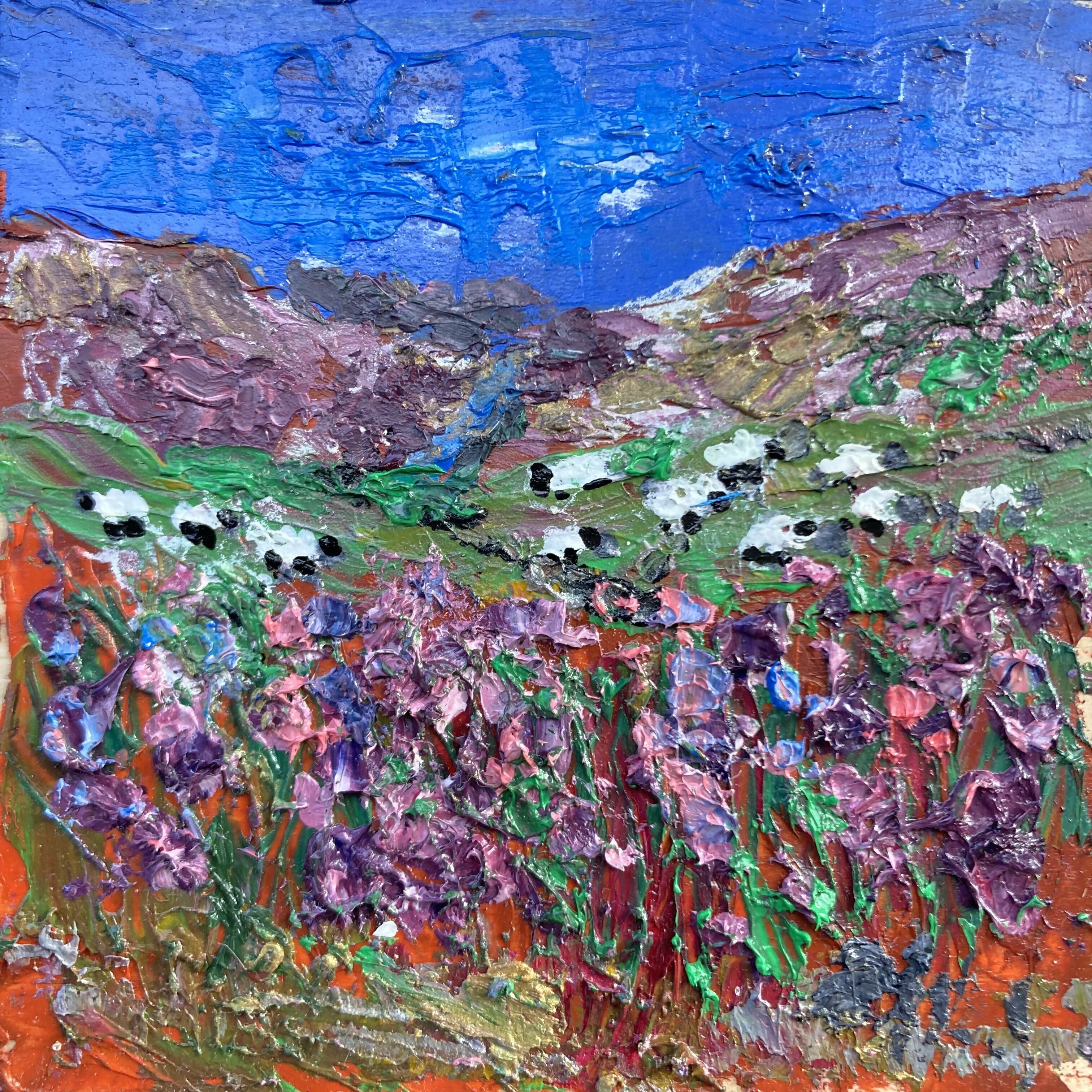 Sheep In Heather - Original Oil Painting In White Frame