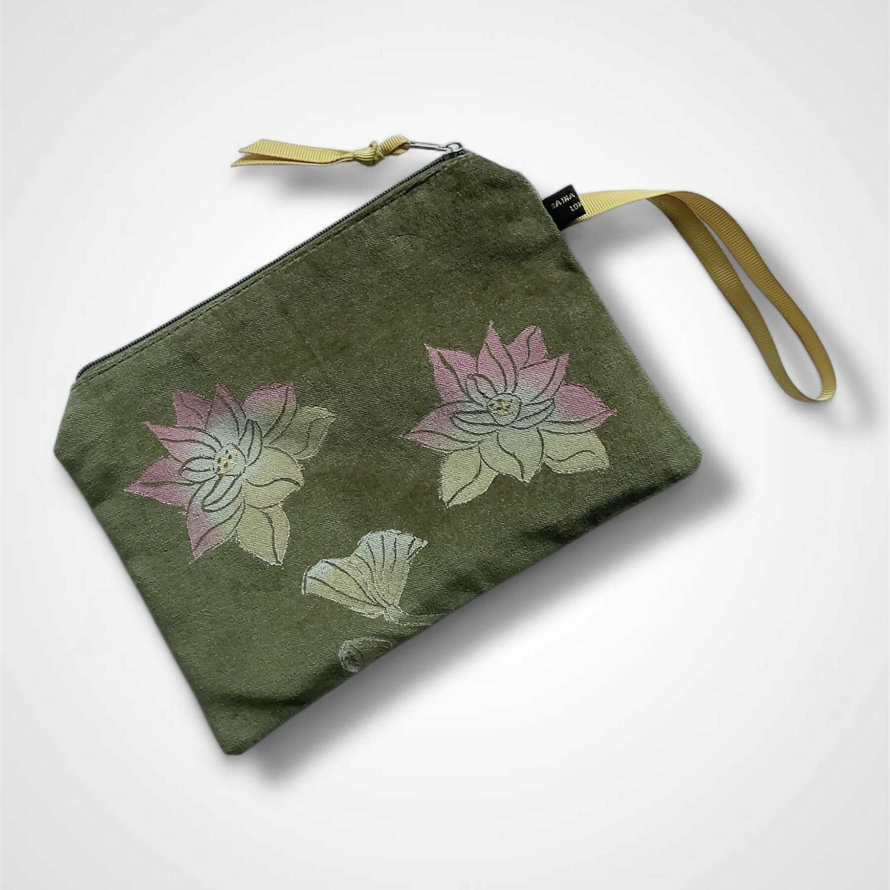 Lotus Flower Olive Green Velvet Zip-Up Pouch with Wrist Strap