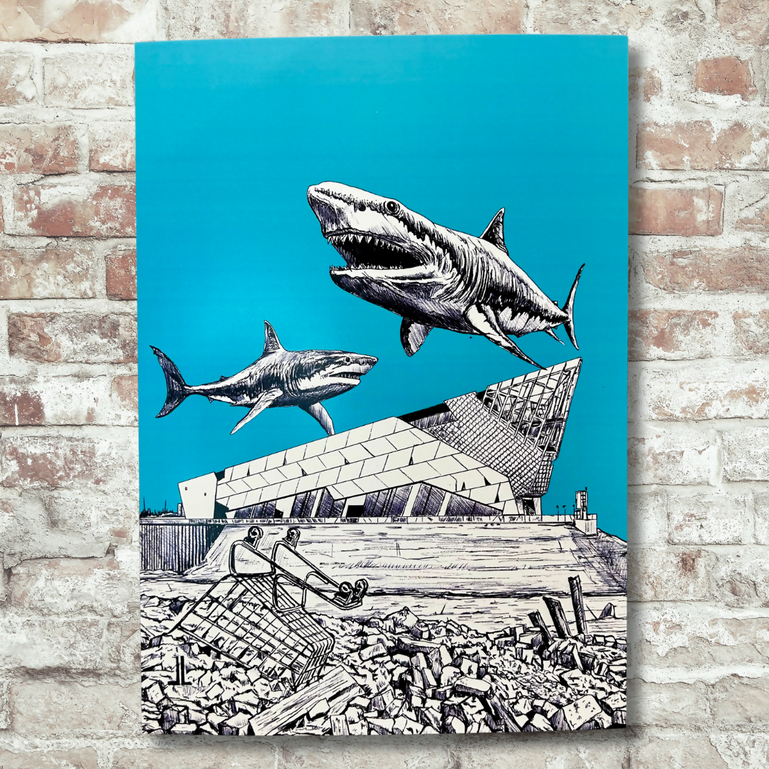 Black, white and blue drawing of the Deep with sharks above it