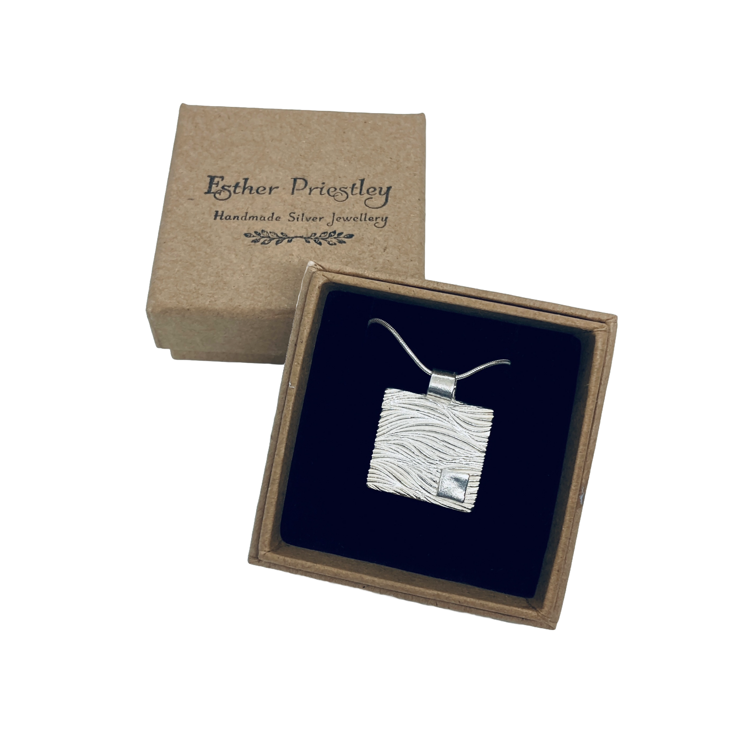 Handmade Silver Square Pendant with Fistral Bay Wave Texture and Sterling Silver Chain