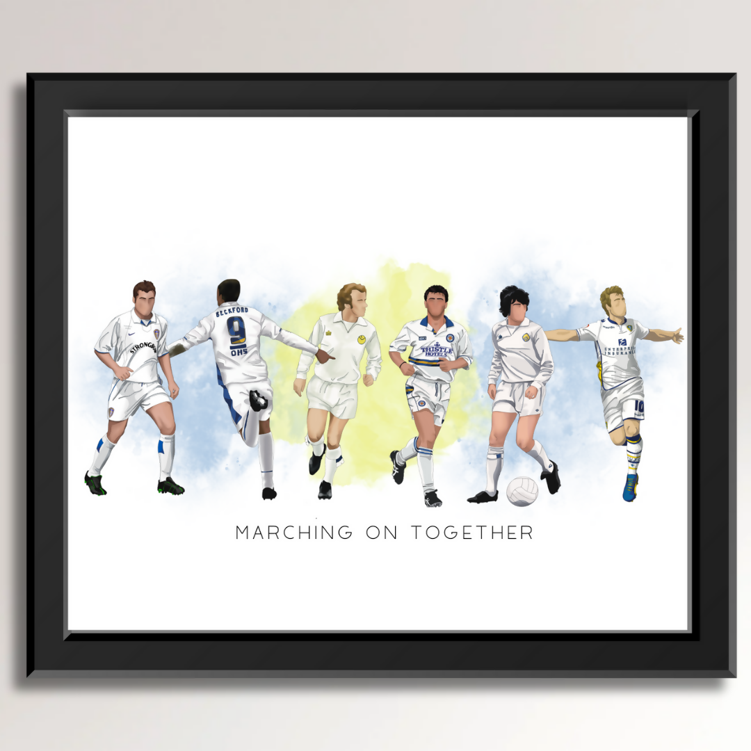 Illustration of Leeds United players on white background.