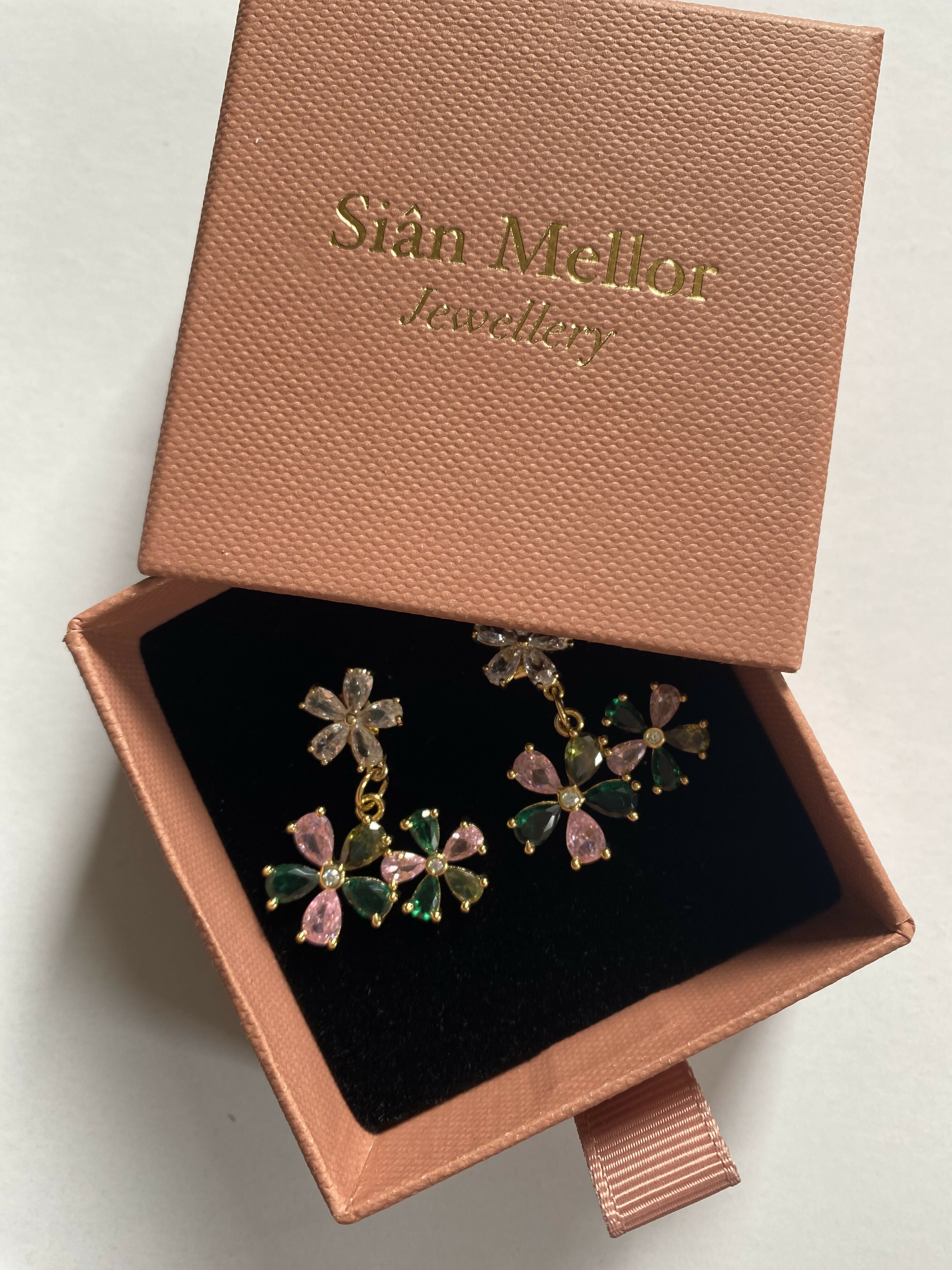 Pink and Green Double Flower Stud Earrings