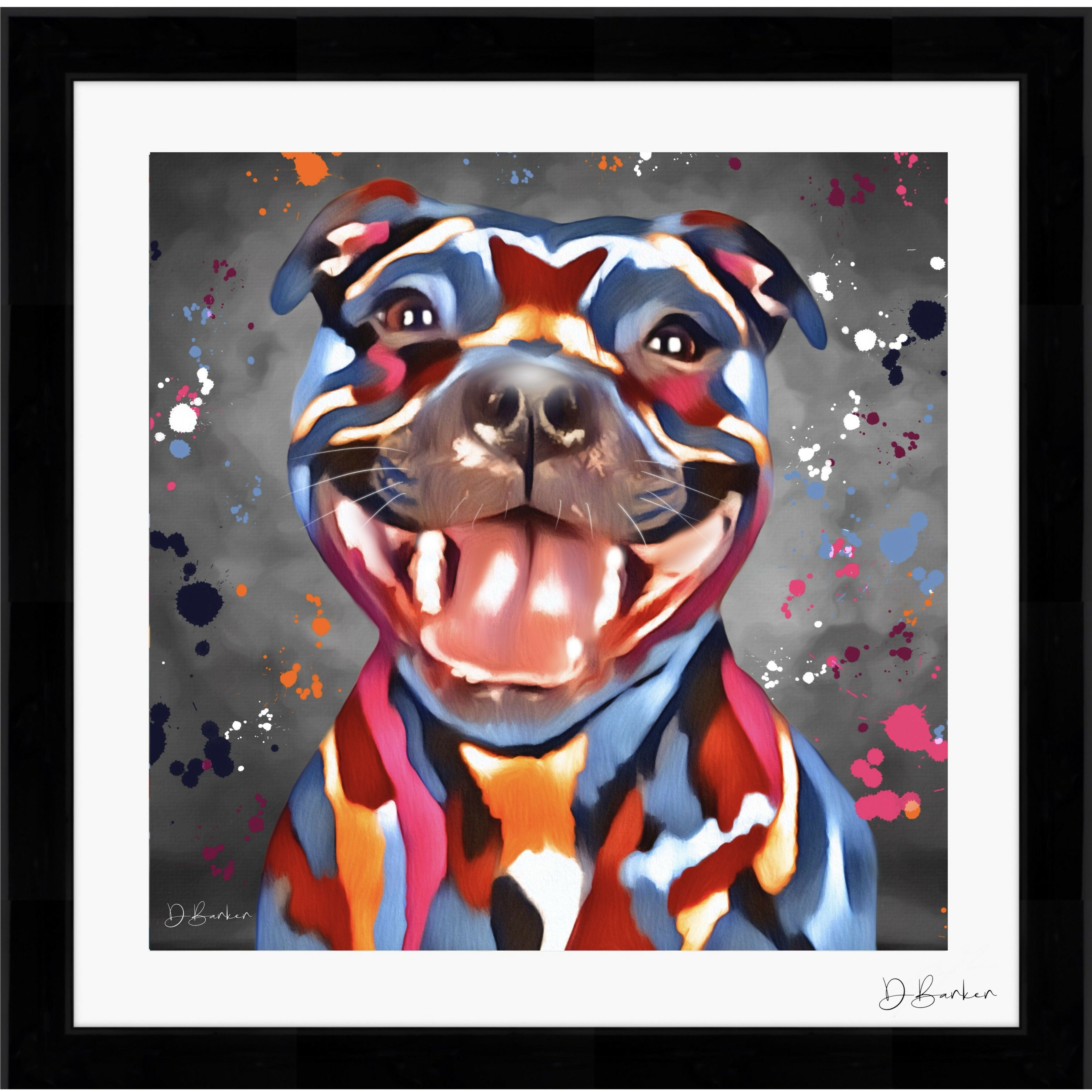 STAFFY DOG COLOUR SPLASH FRAMED ARTWORK.