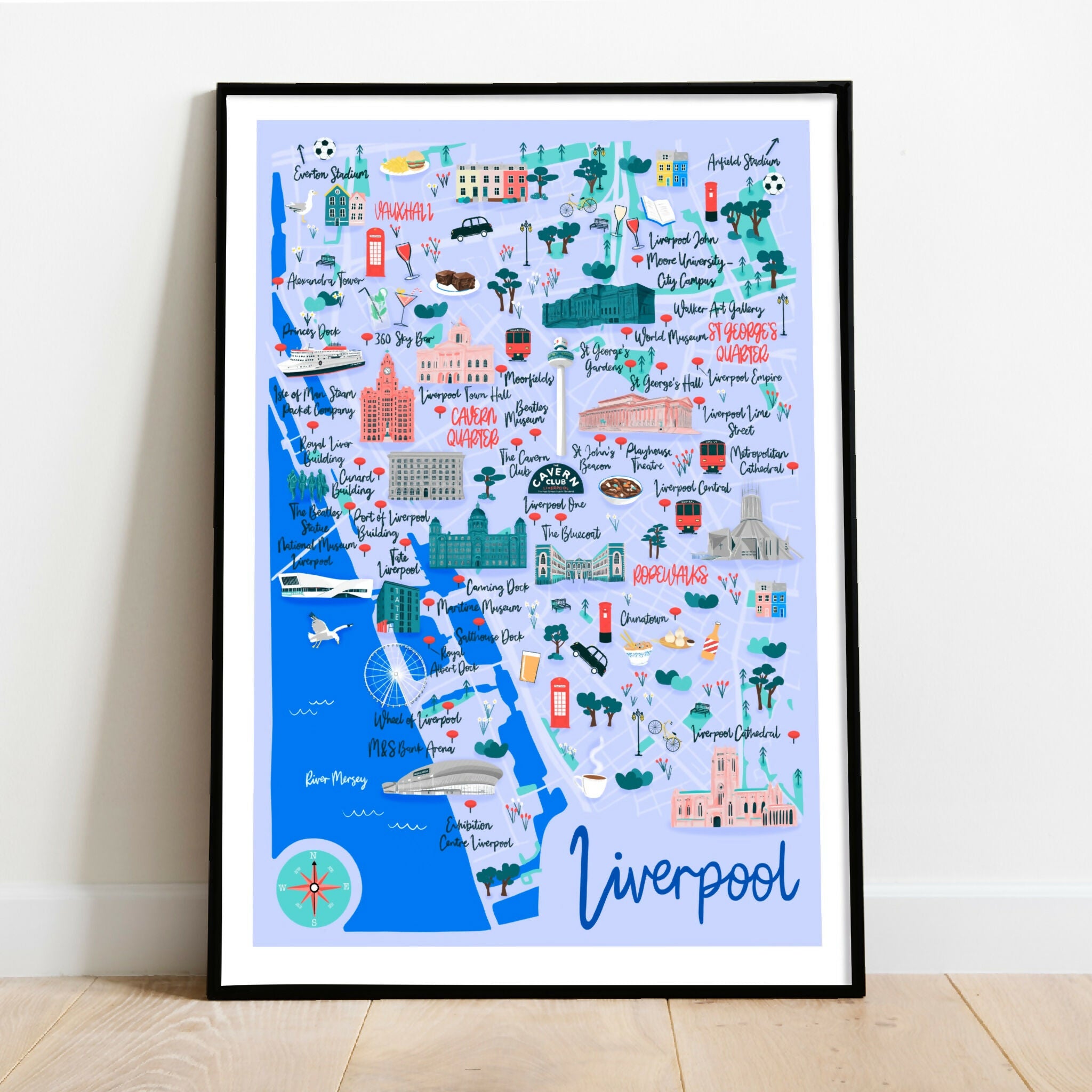 Blue themed illustration of a Liverpool map.