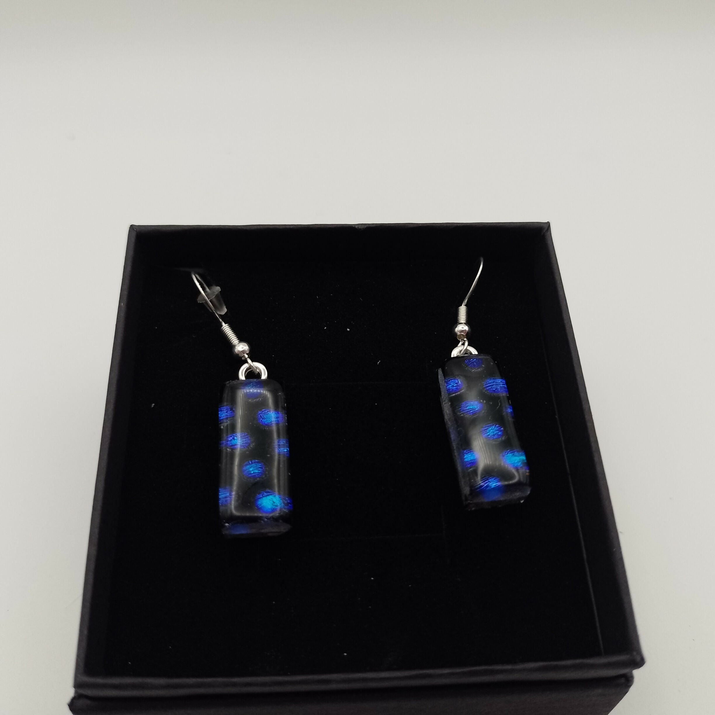 Black with Blue Spot Dichroic Glass Earrings