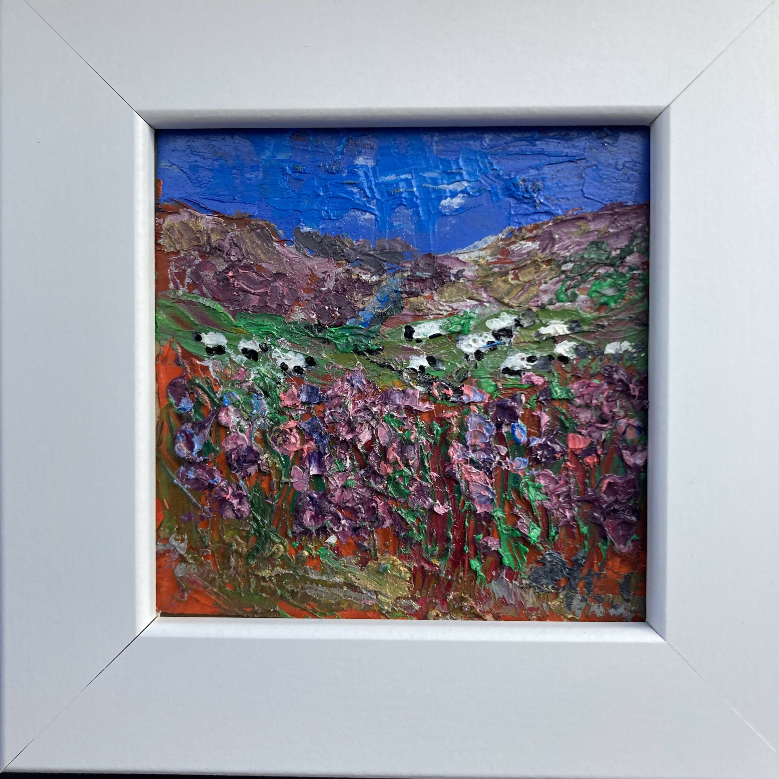 Sheep In Heather - Original Oil Painting In White Frame
