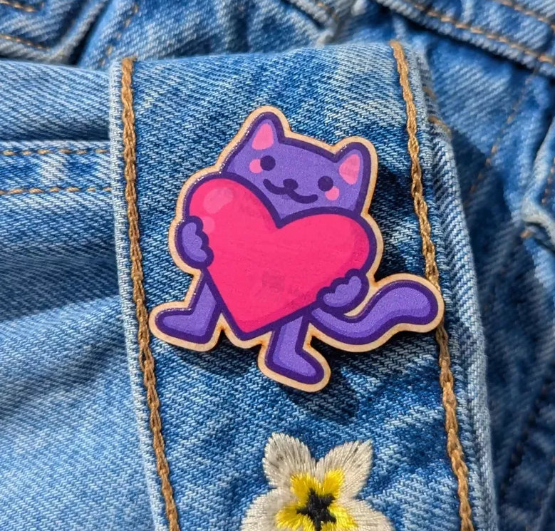 Wooden Pin Badge - Cat With Heart