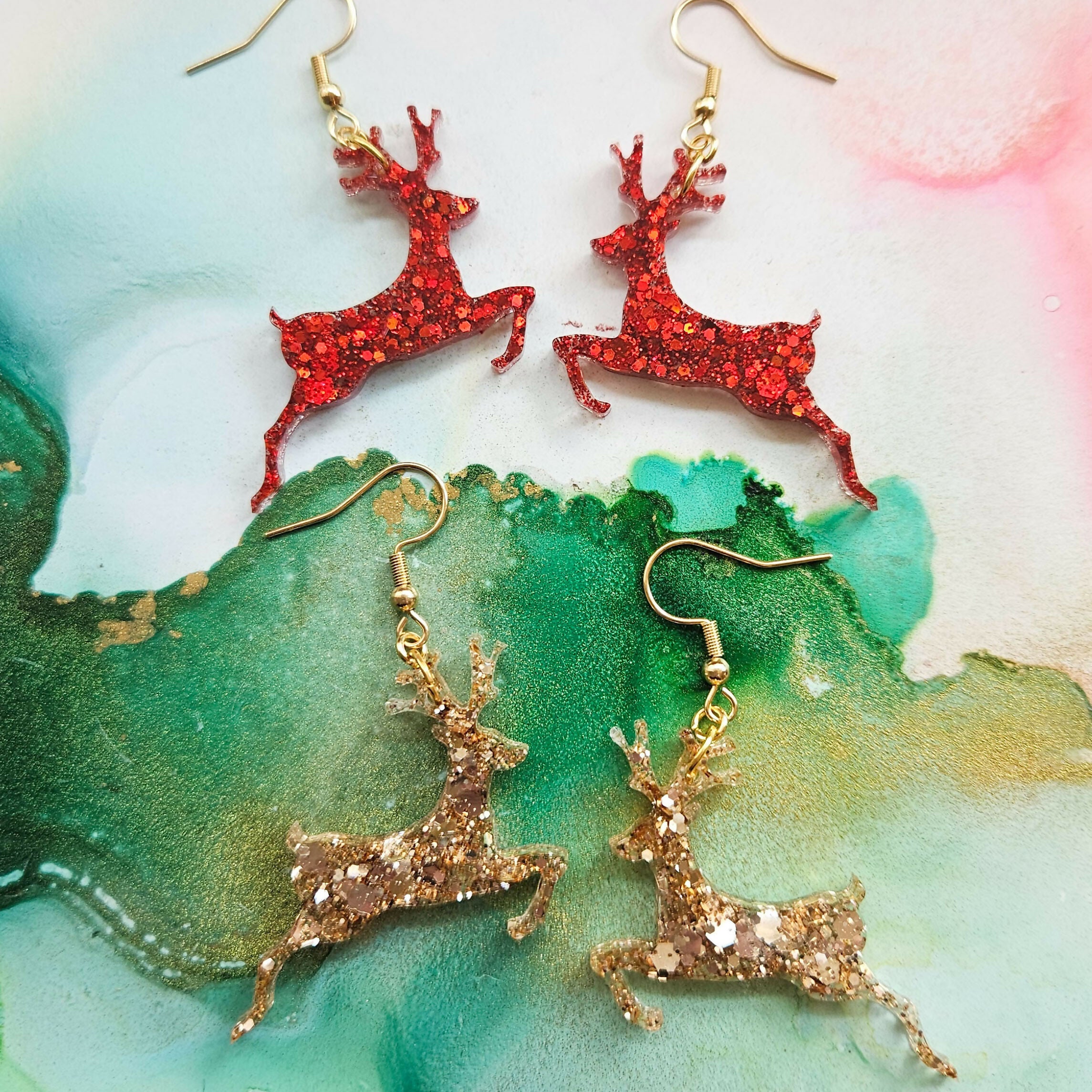 Handmade Glitter Reindeers Christmas Earrings