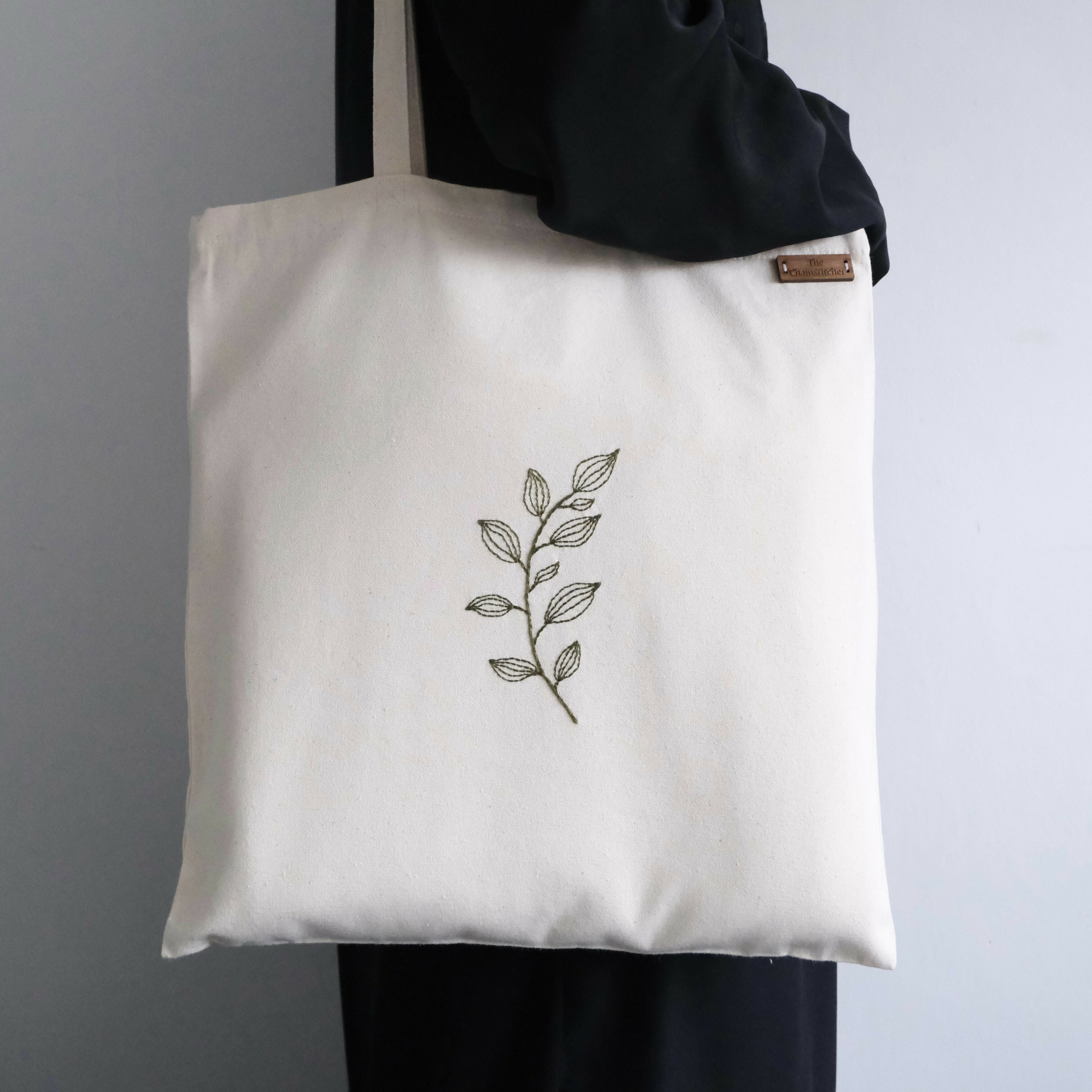 Hand Embroidered Leafy Tote Bag