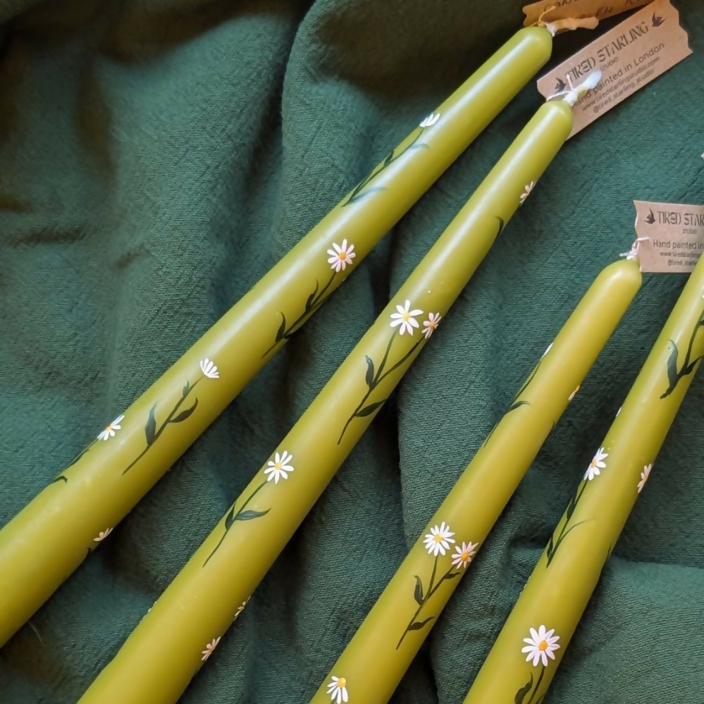 Hand-Painted Green Floral Taper Candle