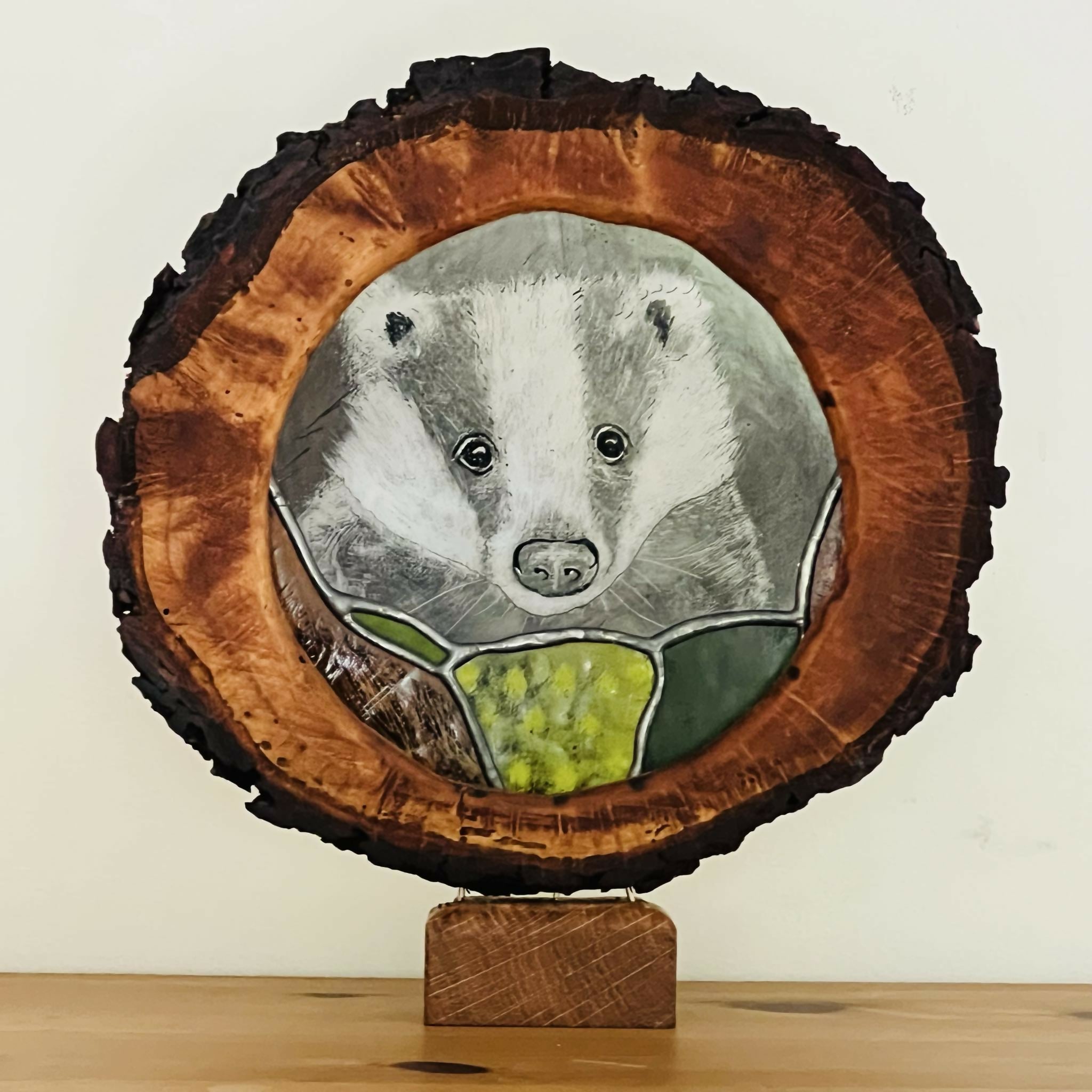 Hand Painted Stained Glass Forest Creatures in Wood Log