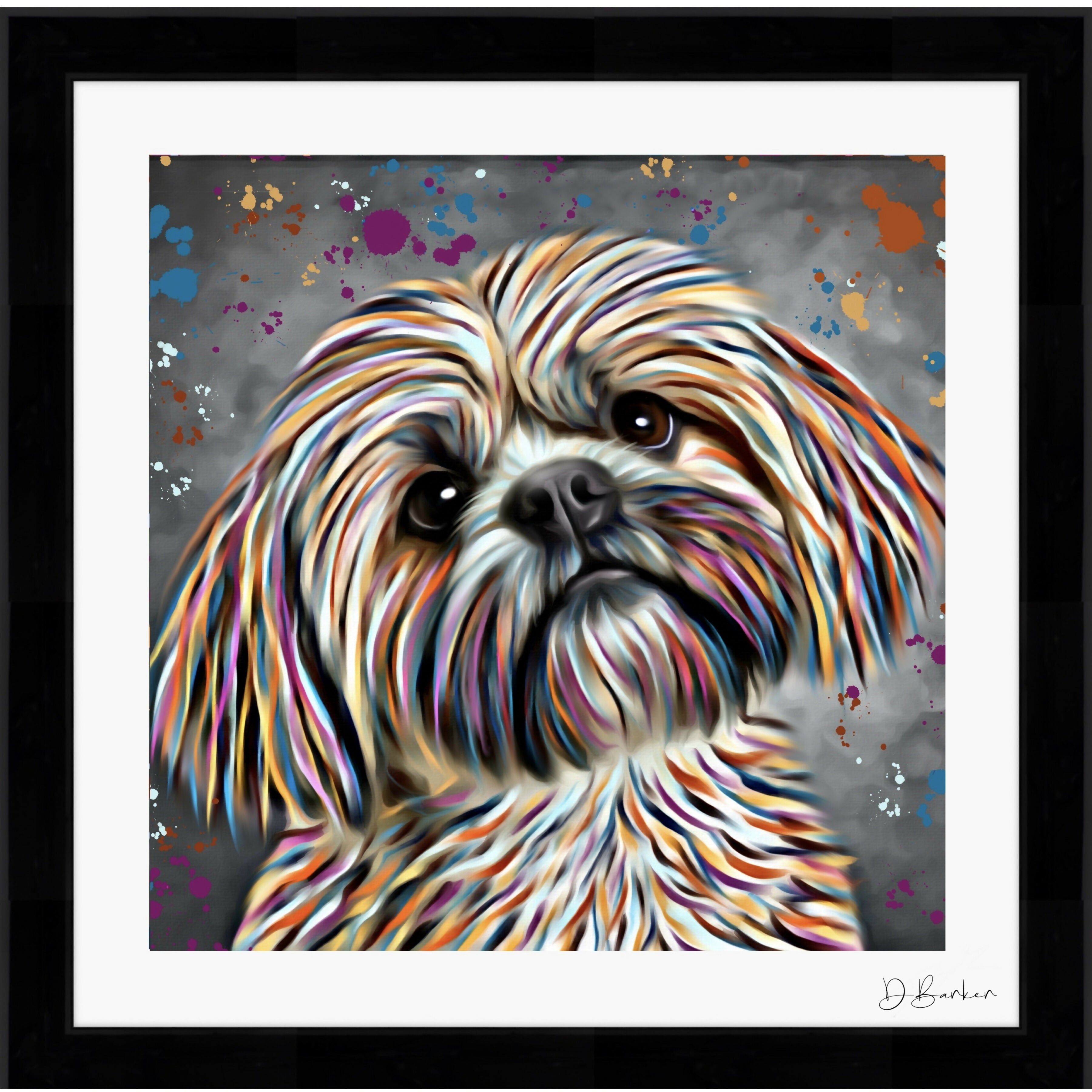 SHIHTZU DOG COLOUR SPLASH FRAMED ARTWORK.