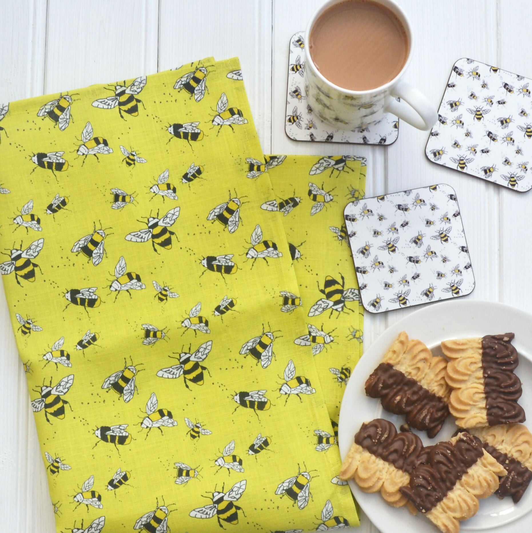 Linen Tea Towel - Yellow Bees