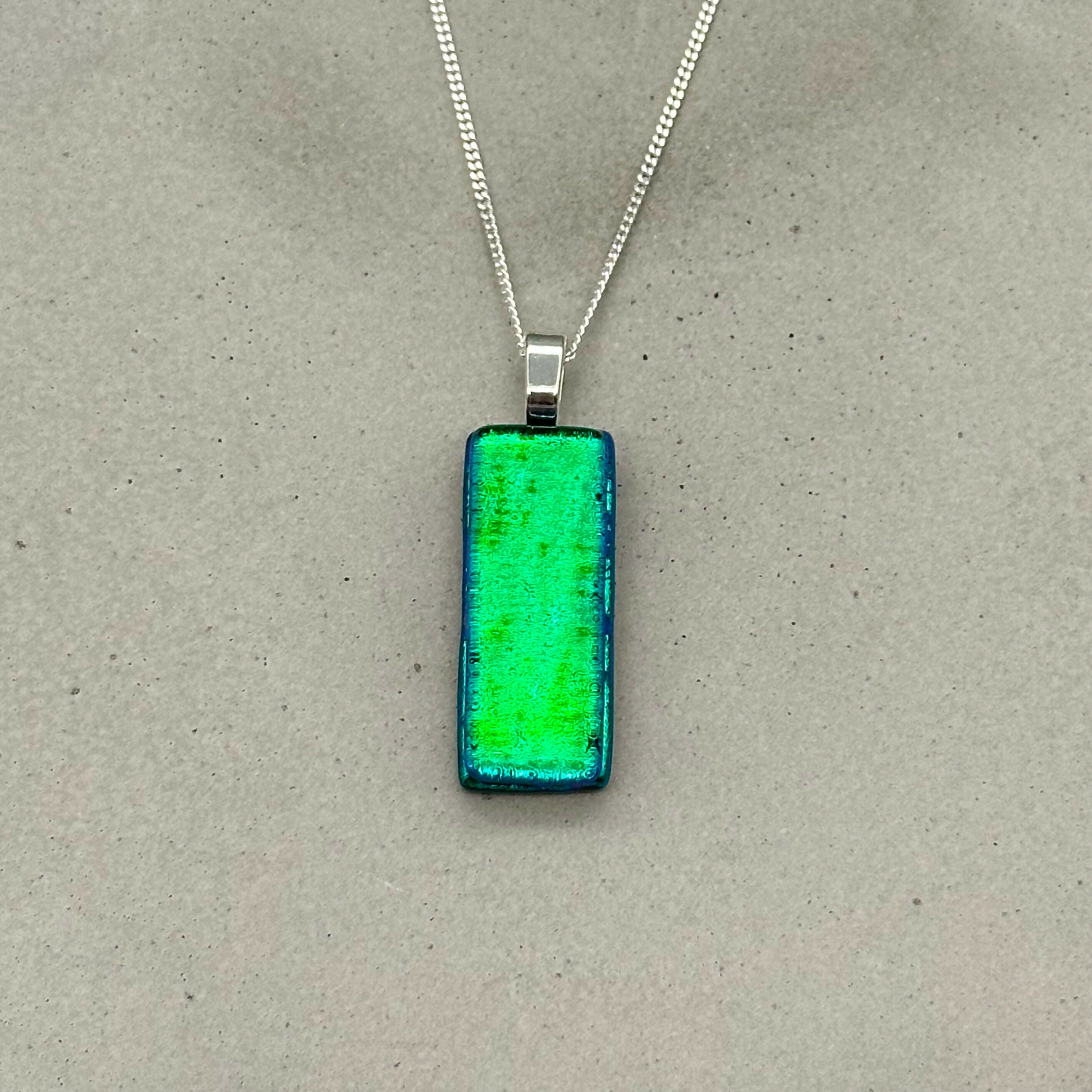 Emerald Green Dichroic Fused Glass Pendant with Silver Plated Chain - Handmade by Jade Tapson Glass.