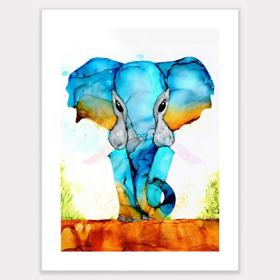 Blue and orange elephant ink painting