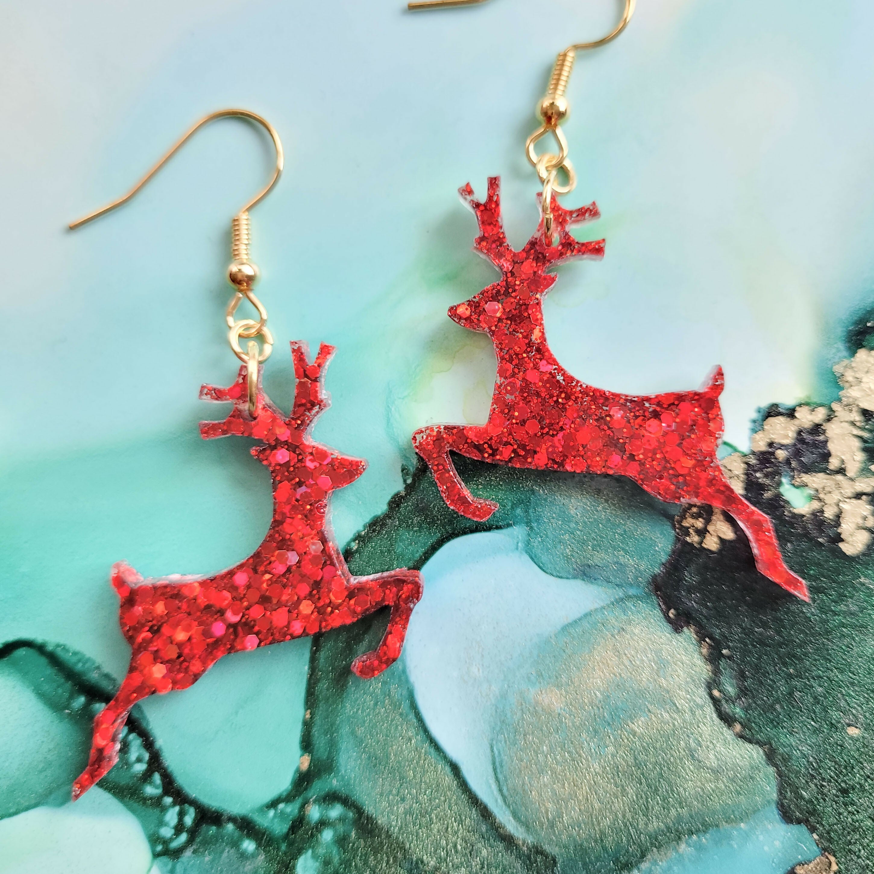 Handmade Glitter Reindeers Christmas Earrings