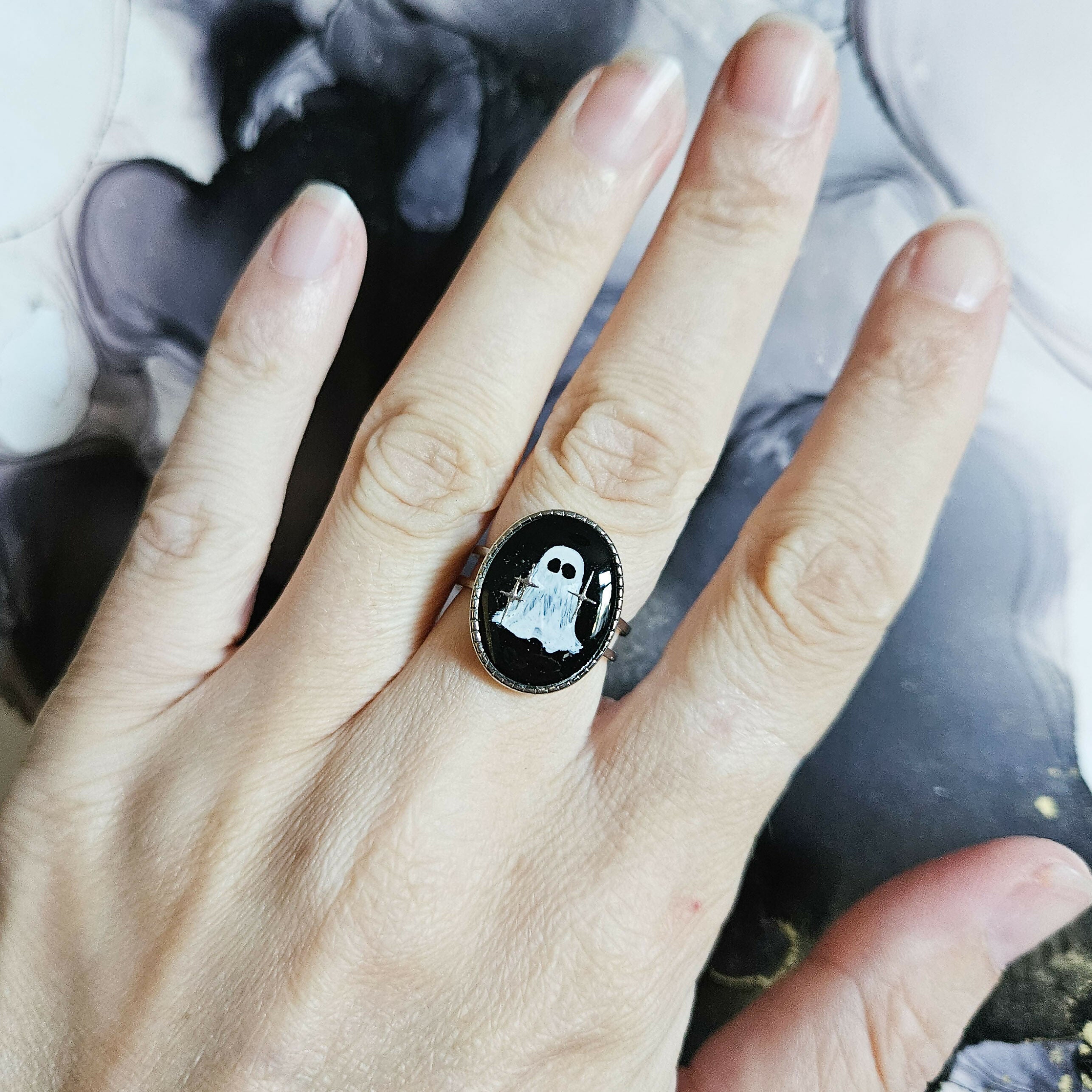 Handmade Ghost Ring, Resin And Stainless steel
