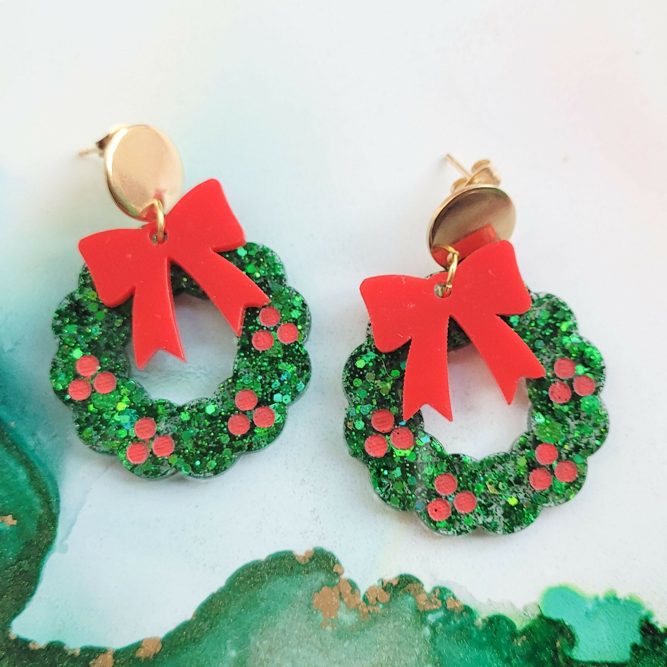 Handmade Christmas Wreath With Bow Resin Earrings