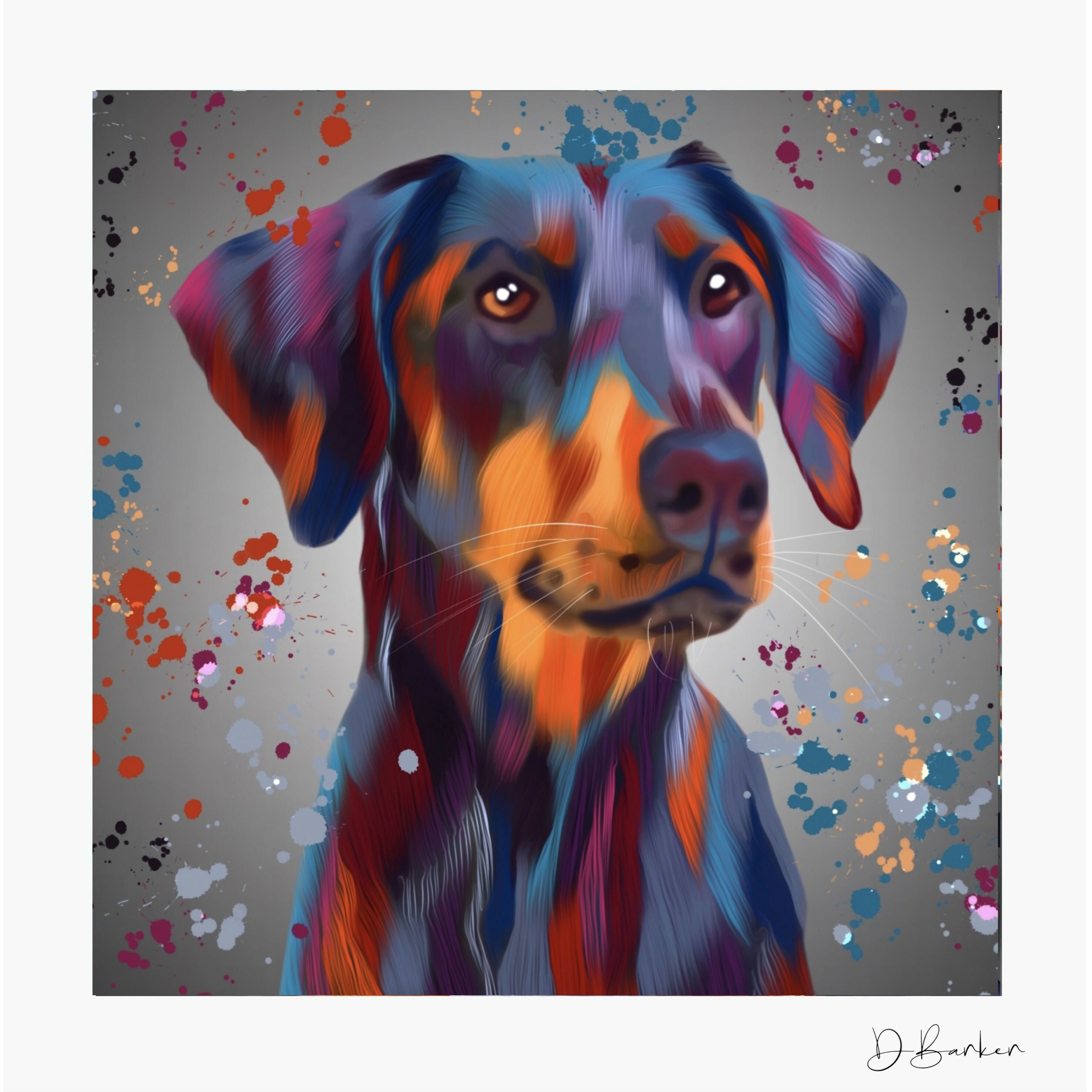 DOBERMAN DOG COLOUR SPLASH MOUNTED ARTWORK.