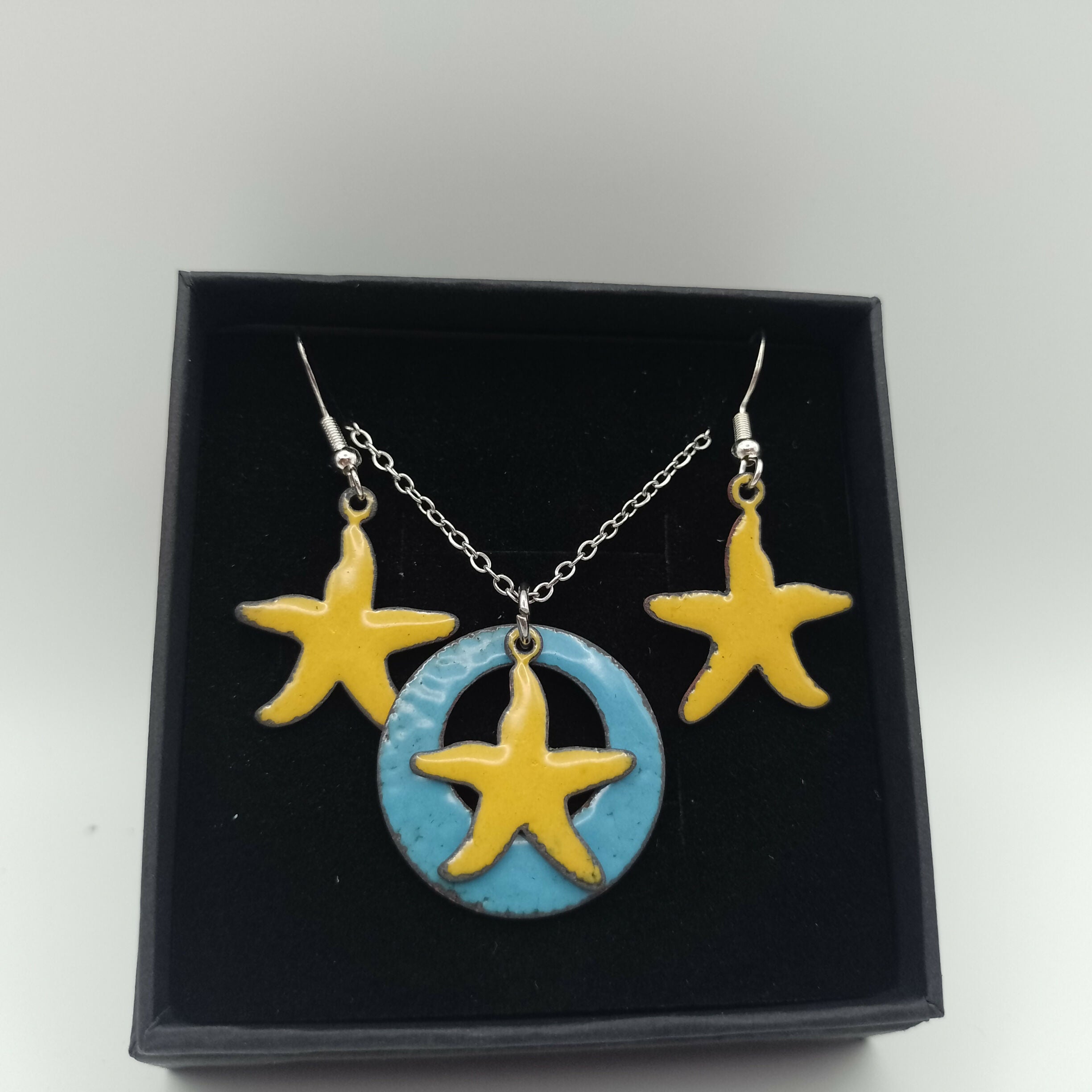 Pale Blue Hoop Enamel Pendant and Starfish Earring Set