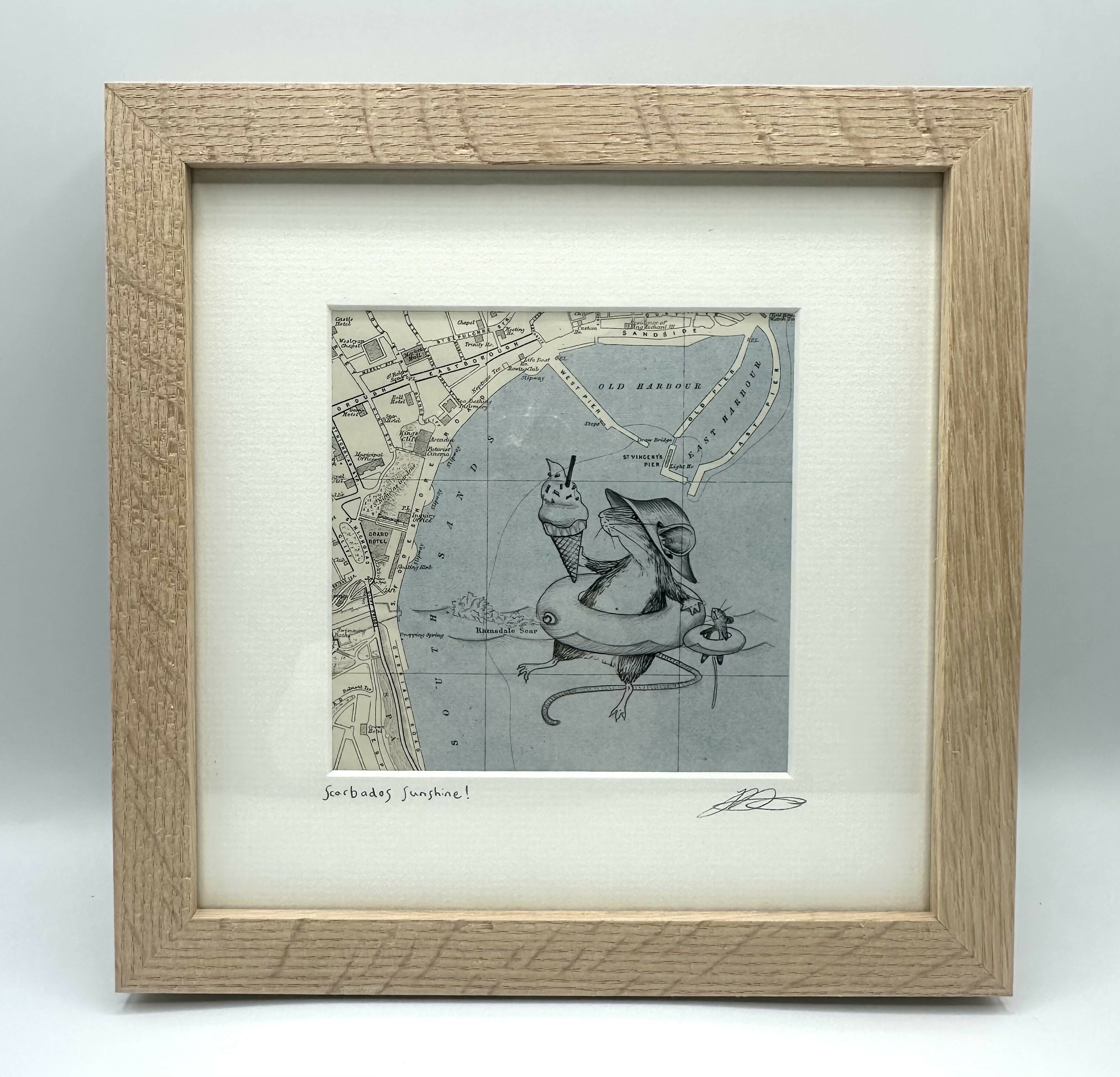 Pen drawing of  mouse with an ice-cream in the sea on a vintage map of Scarborough, framed.