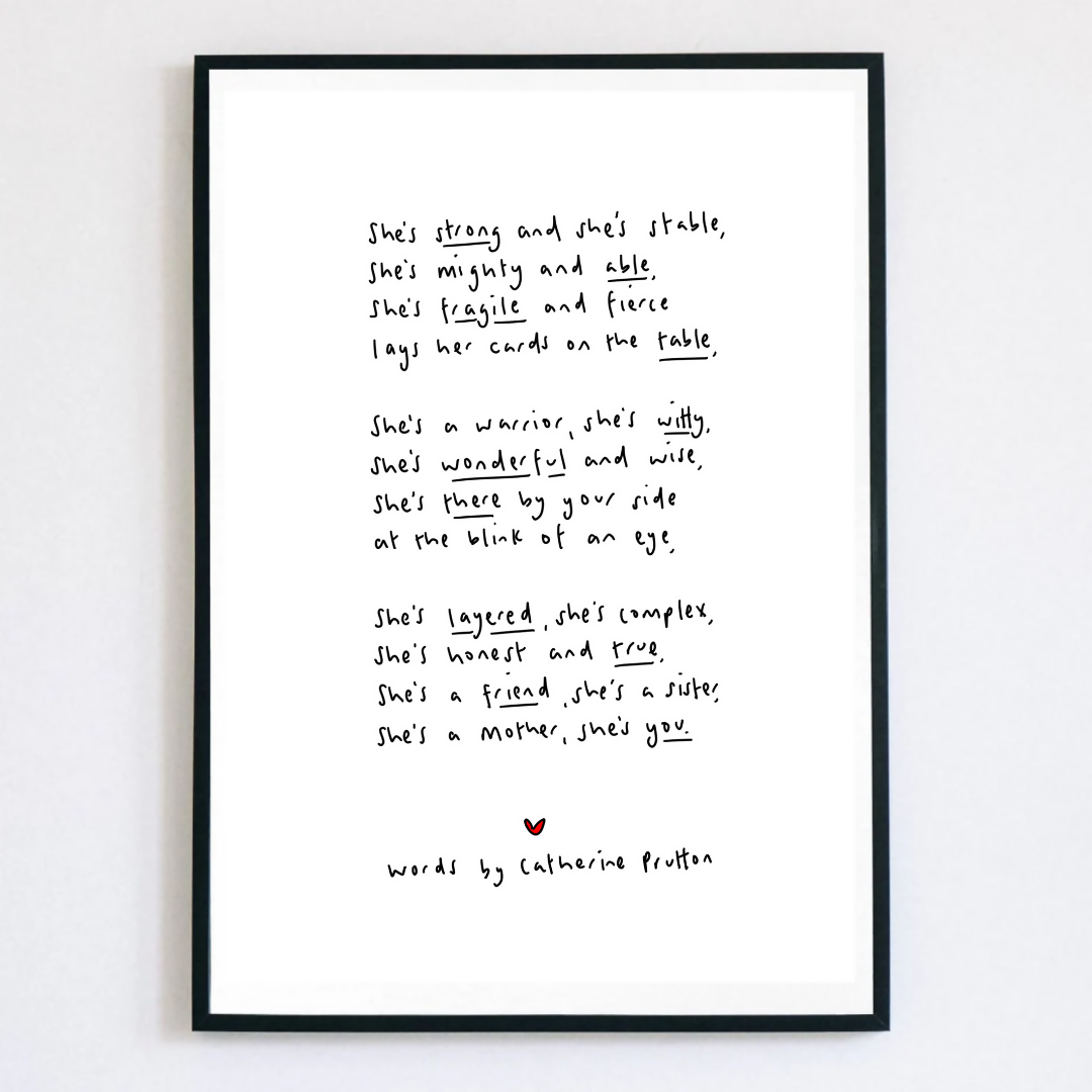 Black and white poem with red heart.