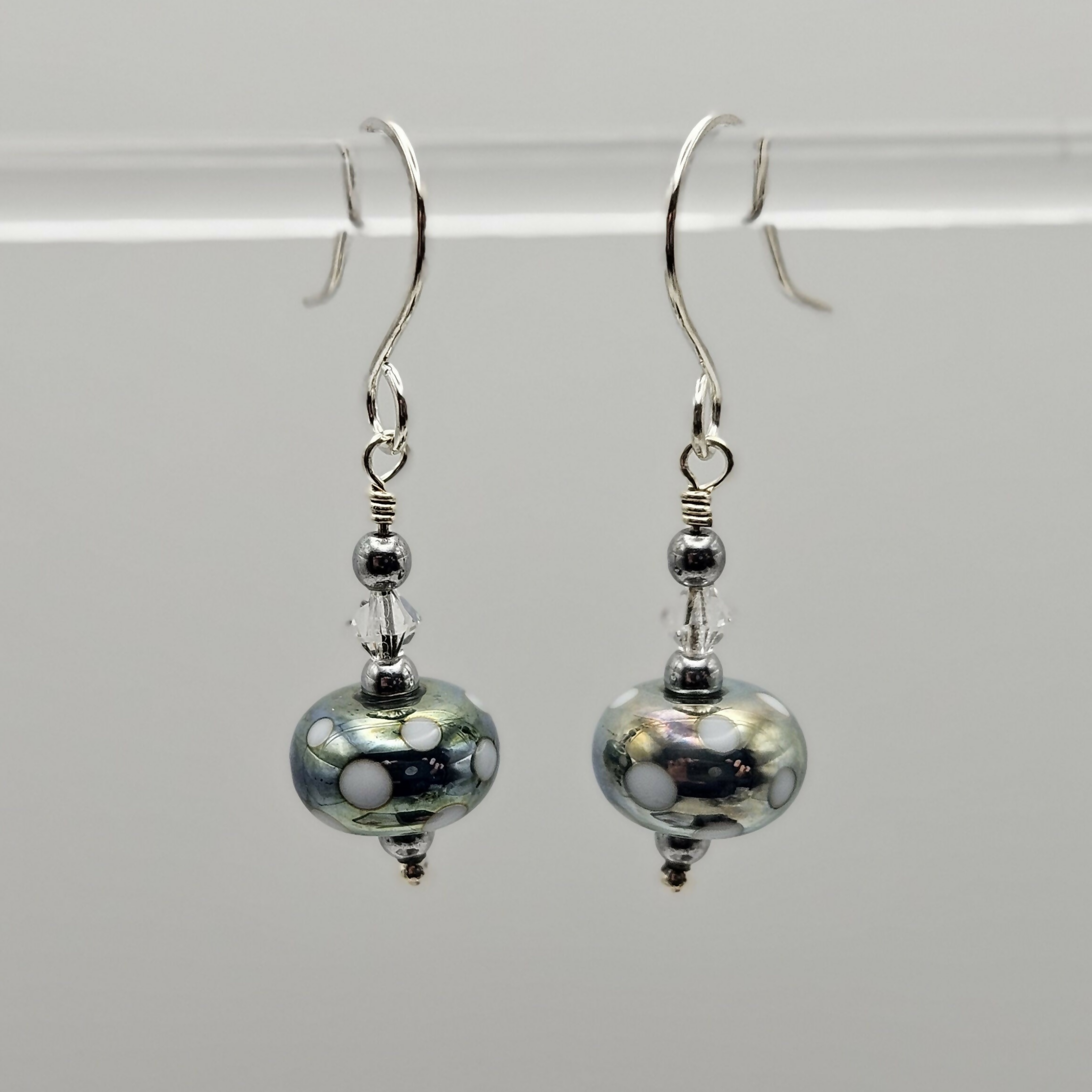 HAND LAMPWORKED GLASS SPOTTY EARRINGS, WITH STERLING SILVER AND SWAROVSKI CRYSTALS.