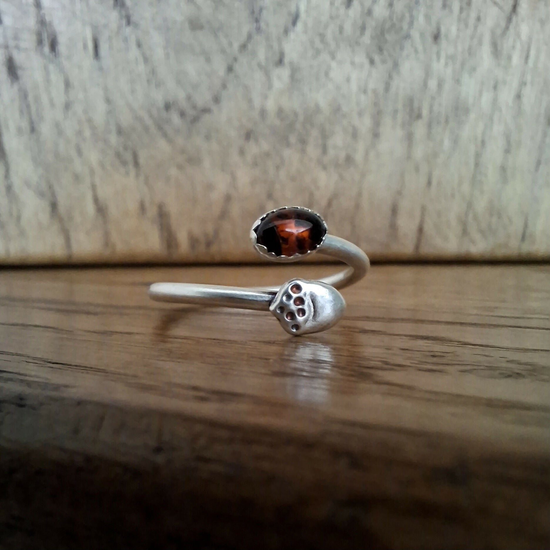 Handmade Adjustable Silver Acorn Ring With Amber, Size Q½