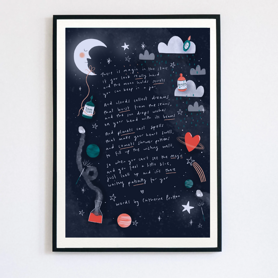 Dar blue poem with moon and stars in the background.
