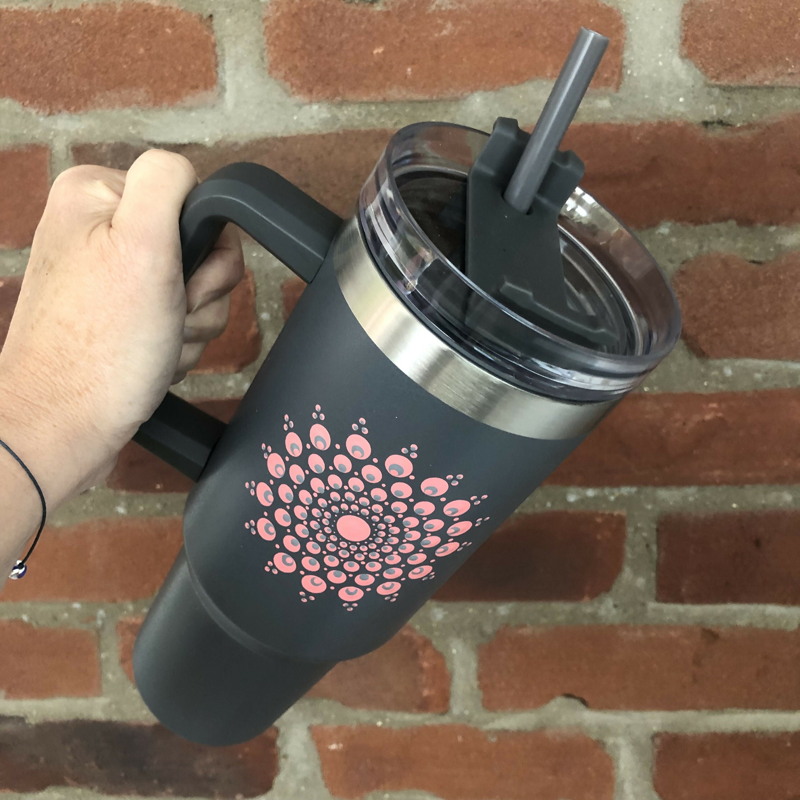 Hand Painted Dot Mandala Stanley-style cup with straw: Grey with Coral