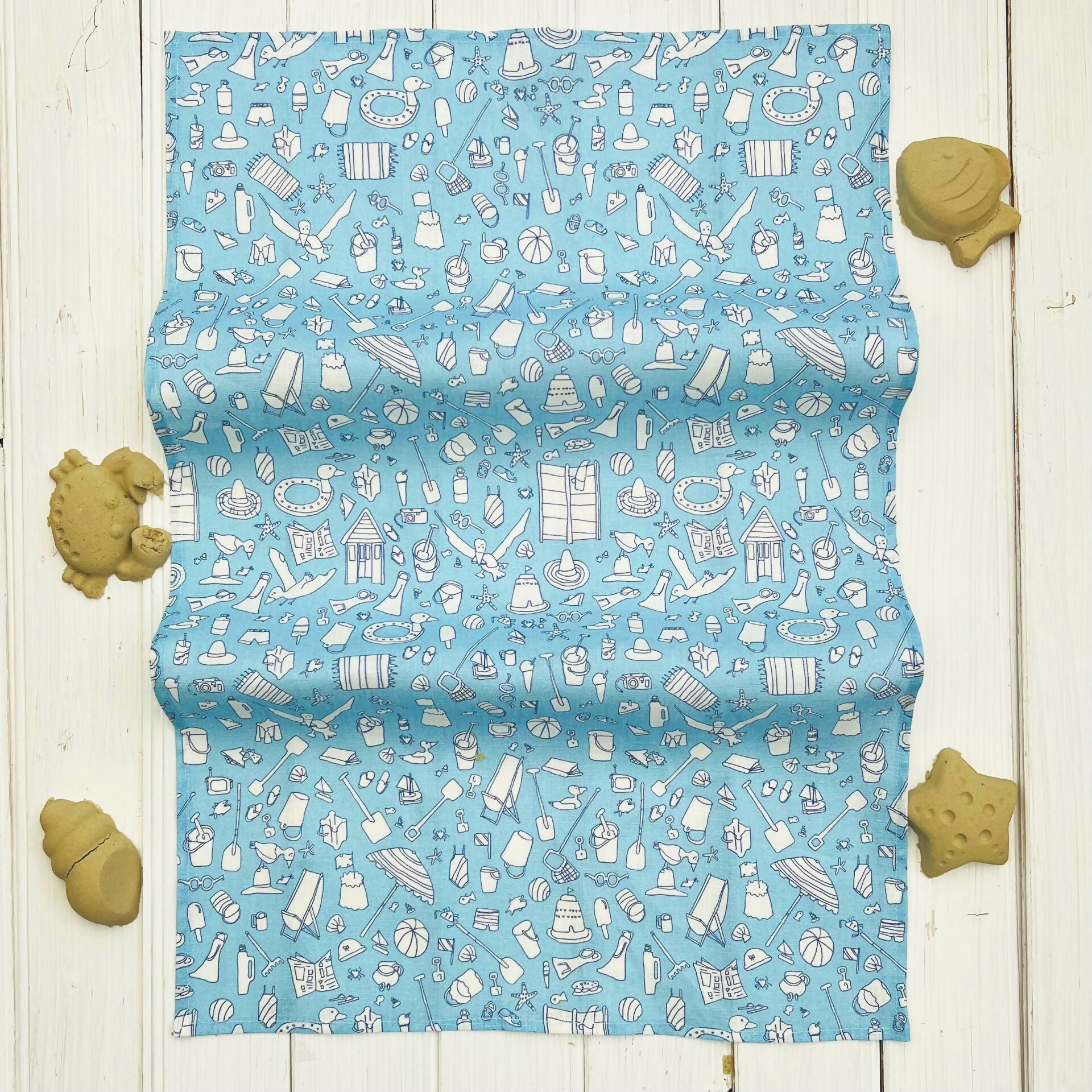 Linen Tea Towel - Blue Beach Design