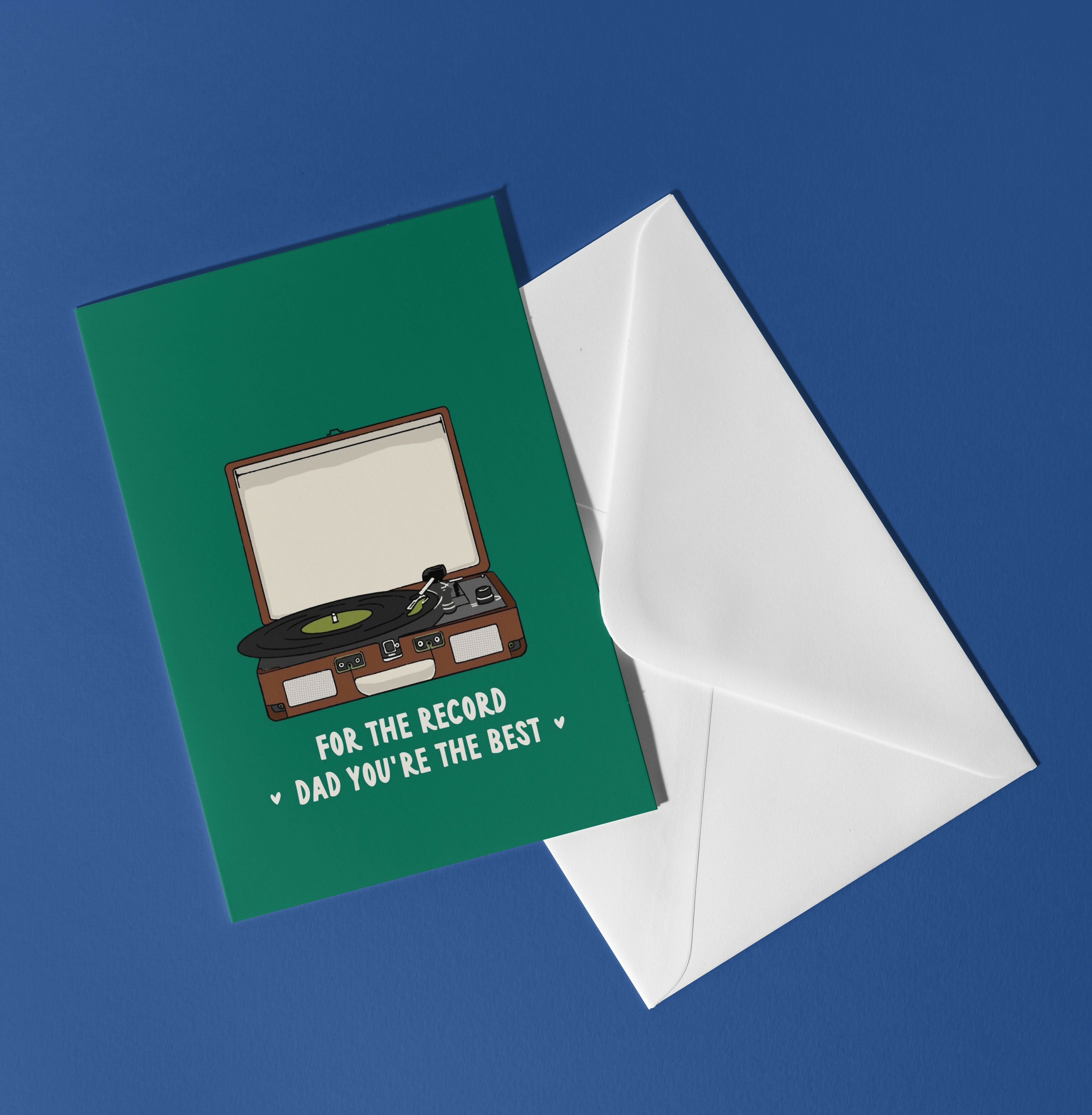 Green fathers day card with record player and text on.