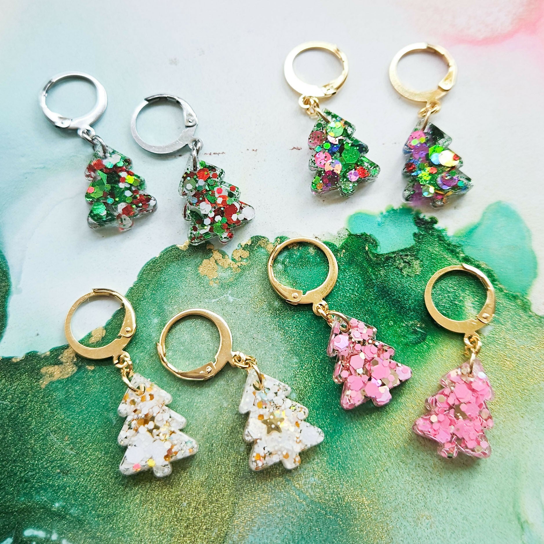 Handmade Glitter Resin Christmas Tree Charms On Huggie Hoops