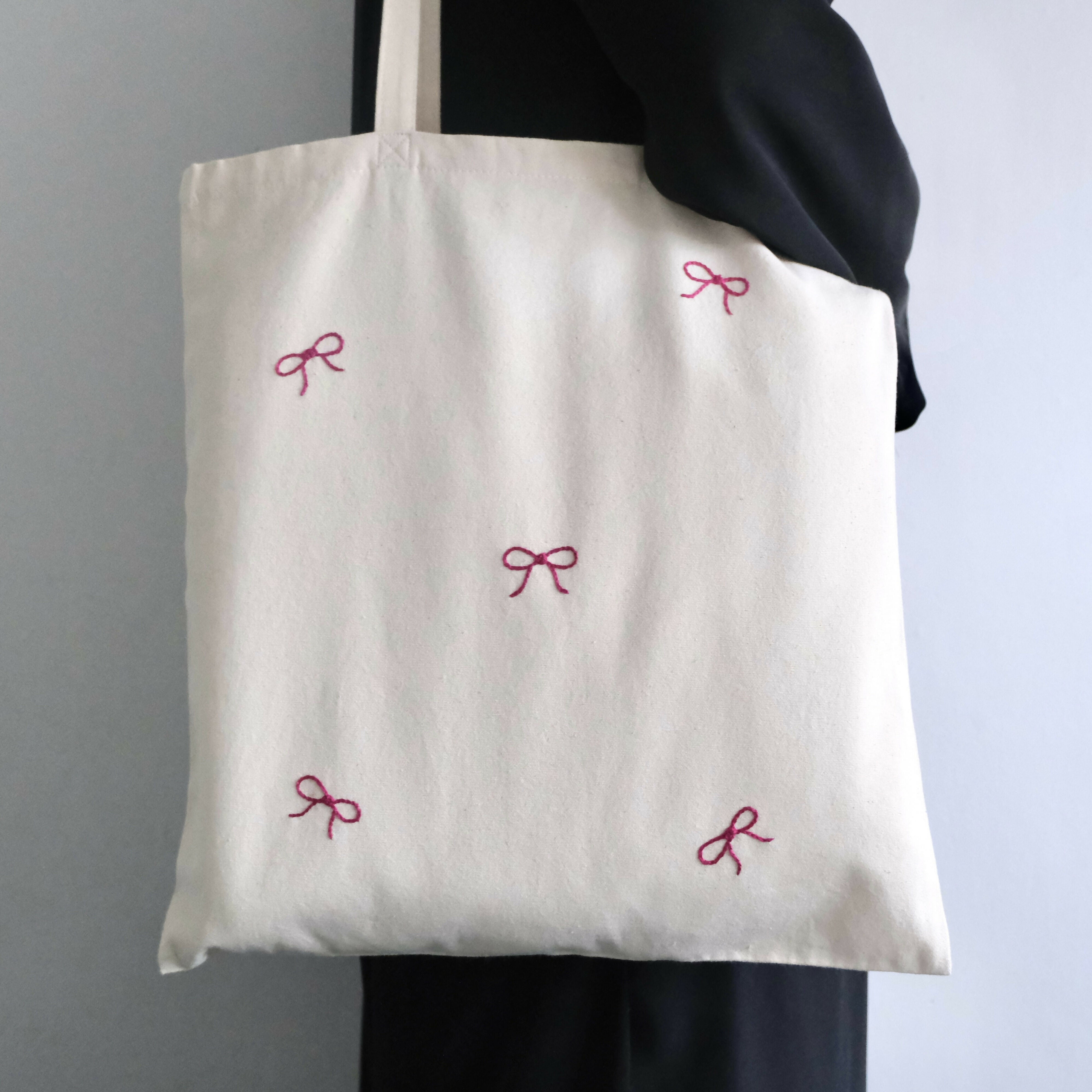 Hand Embroidered Pink Bows Tote Bag