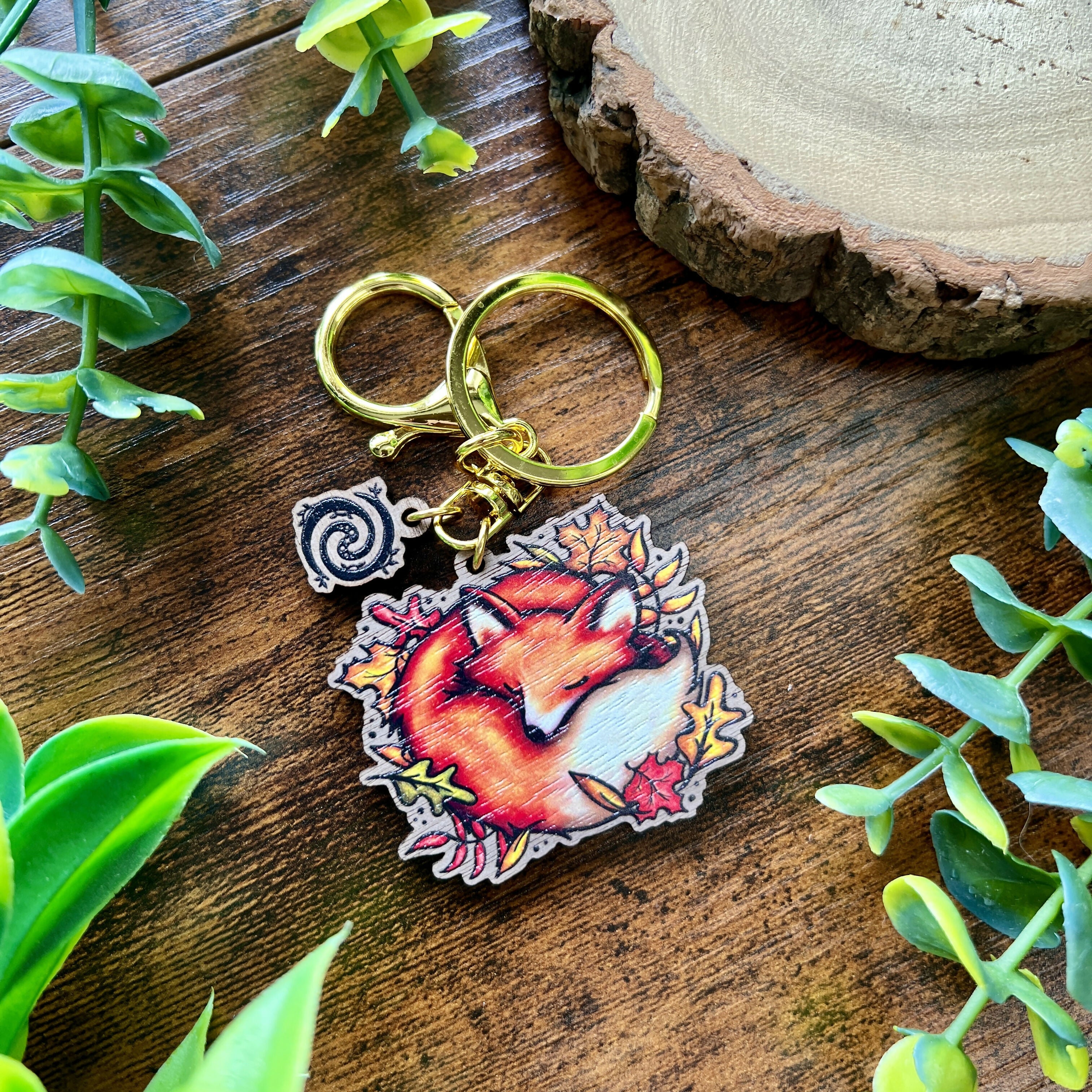 Sleeping Fox Wooden Keyring | Autumnal Leaves | Art & Soul